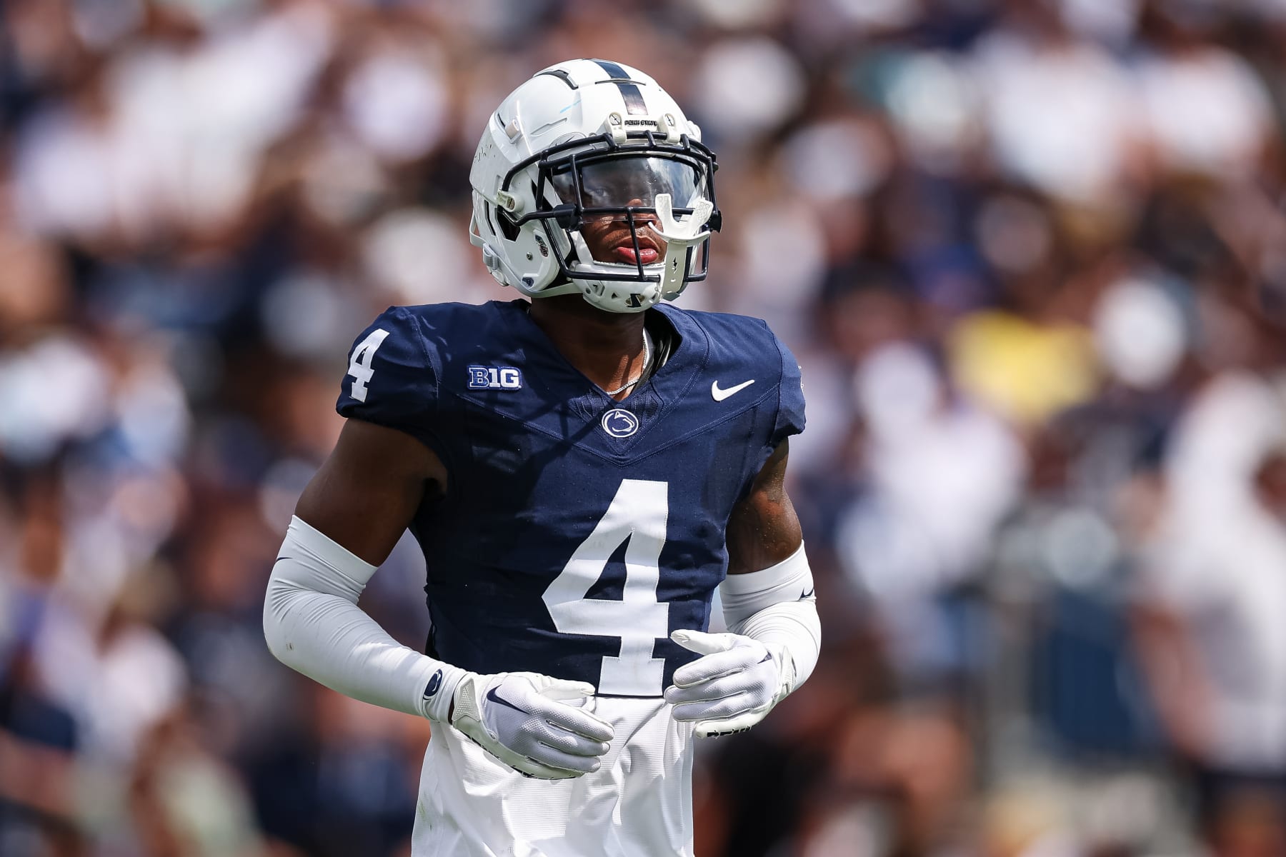 STATE COLLEGE, PA - SEPTEMBER 09: Kalen King #4 of the Penn State Nittany Lions looks on against the Delaware Fightin Blue Hens during the first half at Beaver Stadium on September 9, 2023 in State College, Pennsylvania. (Photo by Scott Taetsch/Getty Images)