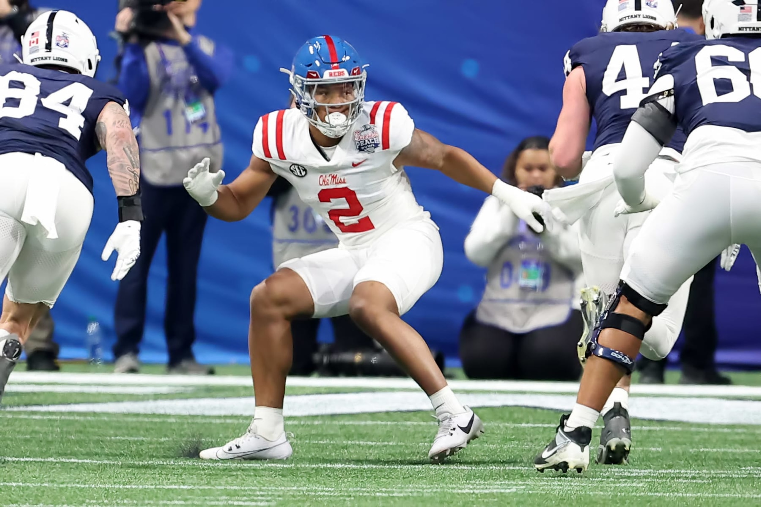 ATLANTA, GA - DECEMBER 30: Ole Miss Rebels defensive end Cedric Johnson (2) during the Chick-fil-A Peach Bowl between the Penn State Nittany Lions and the Mississippi Rebels on December 30, 2023 at Mercedes-Benz Stadium in Atlanta, Georgia. (Photo by Michael Wade/Icon Sportswire via Getty Images) ATLANTA, GA - DECEMBER 30: Ole Miss Rebels defensive end Cedric Johnson (2) during the Chick-fil-A Peach Bowl between the Penn State Nittany Lions and the Mississippi Rebels on December 30, 2023 at Mercedes-Benz Stadium in Atlanta, Georgia. (Photo by Michael Wade/Icon Sportswire via Getty Images)