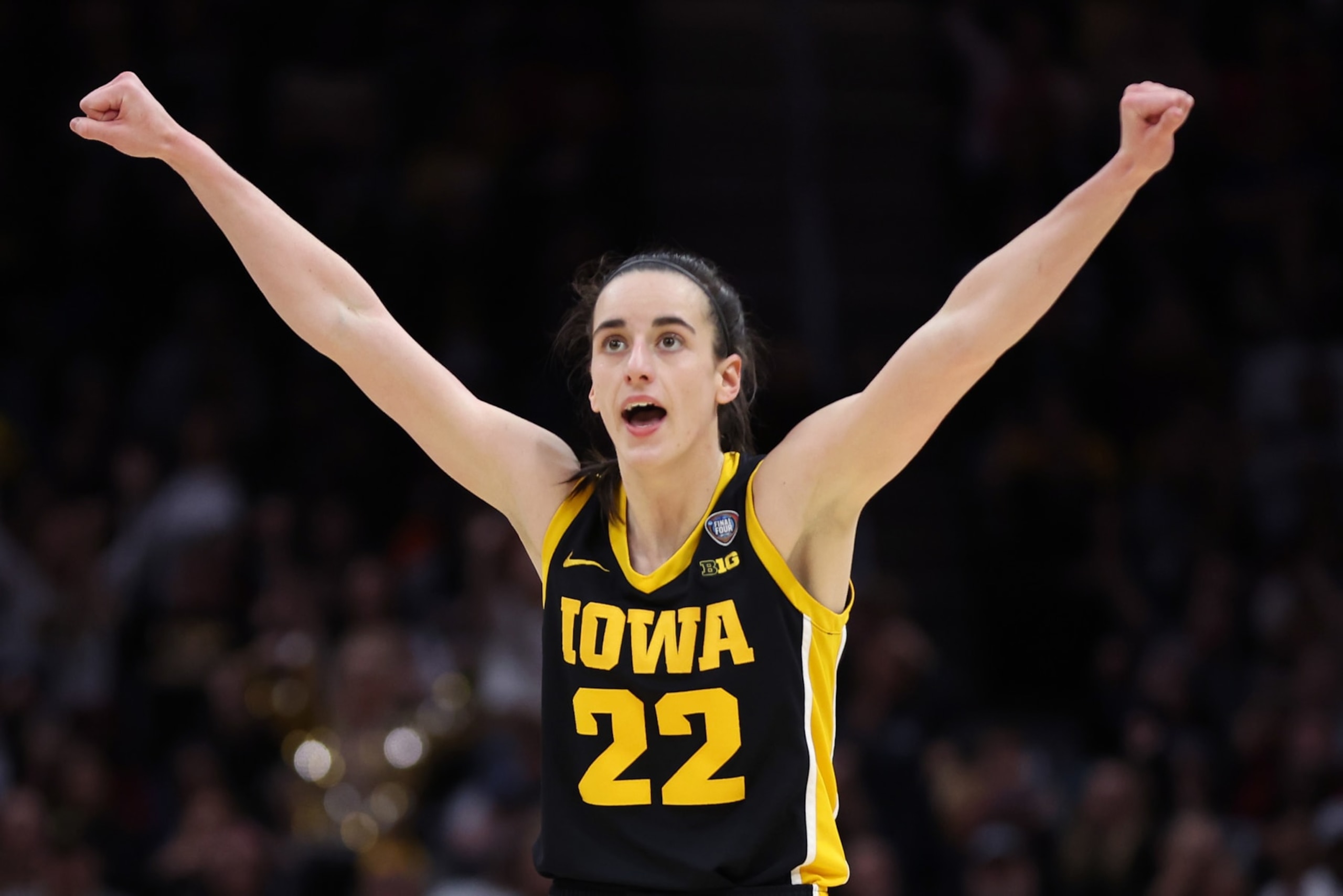 CLEVELAND, OHIO - APRIL 07: Caitlin Clark #22 of the Iowa Hawkeyes reacts in the second half during the 2024 NCAA Women's Basketball Tournament National Championship game against the South Carolina Gamecocks at Rocket Mortgage FieldHouse on April 07, 2024 in Cleveland, Ohio. (Photo by Steph Chambers/Getty Images) CLEVELAND, OHIO - APRIL 07: Caitlin Clark #22 of the Iowa Hawkeyes reacts in the second half during the 2024 NCAA Women's Basketball Tournament National Championship game against the South Carolina Gamecocks at Rocket Mortgage FieldHouse on April 07, 2024 in Cleveland, Ohio. (Photo by Steph Chambers/Getty Images)