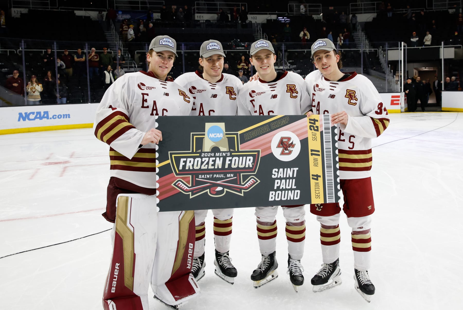 PROVIDENCE, RHODE ISLAND - MARCH 31: Will Smith #6, Cutter Gauthier #19, Gabe Perreault #34 and Ryan Leonard #9 of the Boston College Eagles celebrate a win against the Quinnipiac Bobcats during the NCAA Division I Men's Ice Hockey Regional Championship final at the Amica Mutual Pavilion on March 31, 2024 in Providence, Rhode Island. The Eagles won 5-4 in overtime to advance to the Frozen Four in St. Paul, Minnesota. (Photo by Richard T Gagnon/Getty Images)