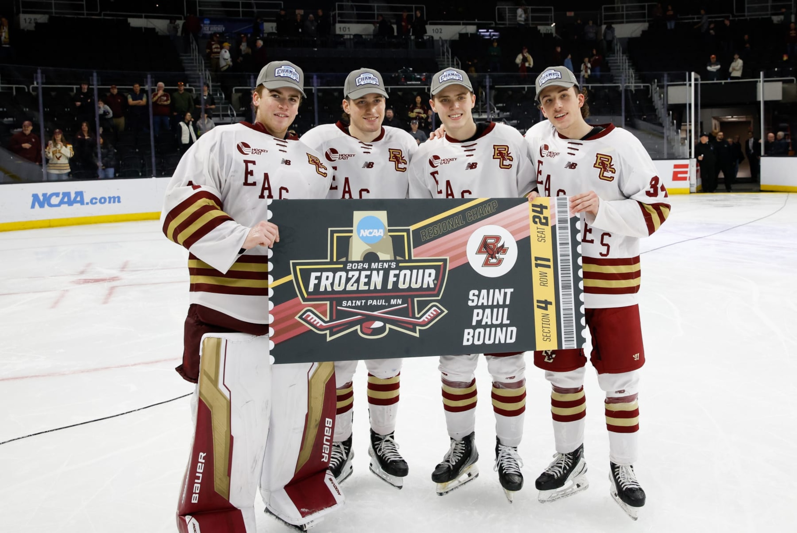 PROVIDENCE, RHODE ISLAND - MARCH 31: Will Smith #6, Cutter Gauthier #19, Gabe Perreault #34 and Ryan Leonard #9 of the Boston College Eagles celebrate a win against the Quinnipiac Bobcats during the NCAA Division I Men's Ice Hockey Regional Championship final at the Amica Mutual Pavilion on March 31, 2024 in Providence, Rhode Island. The Eagles won 5-4 in overtime to advance to the Frozen Four in St. Paul, Minnesota. (Photo by Richard T Gagnon/Getty Images)