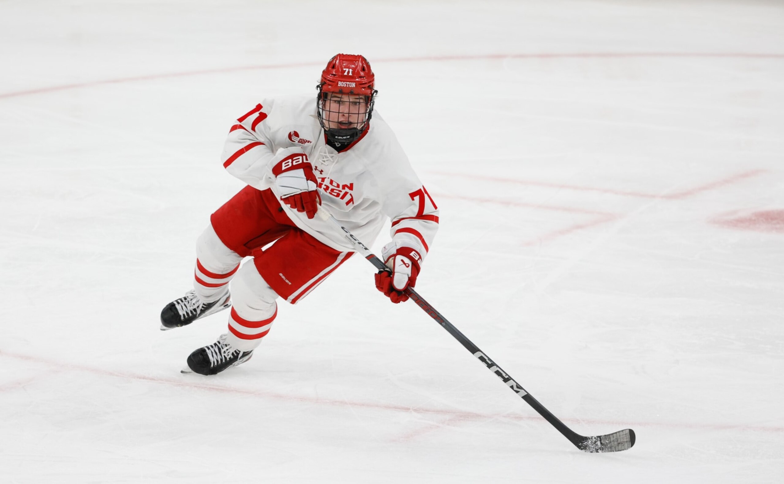 BOSTON, MASSACHUSETTS - MARCH 22: Macklin Celebrini #71 of the Boston University Terriers skates against the Maine Black Bears during the third period during NCAA men's hockey in the Hockey East Championship semifinal at TD Garden on March 22, 2024 in Boston, Massachusetts. (Photo by Richard T Gagnon/Getty Images)