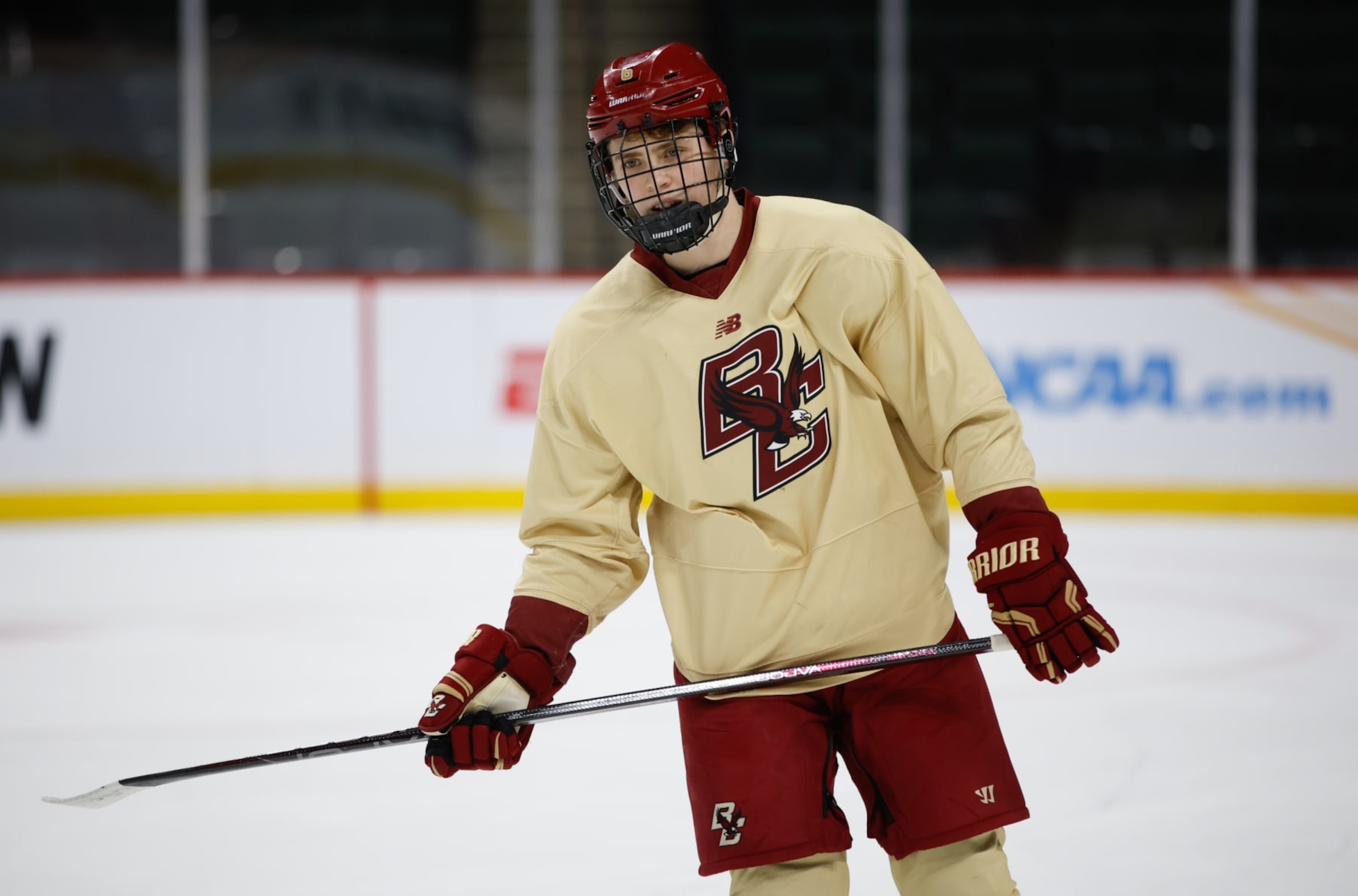 ST. PAUL, MINNESOTA - APRIL 10: Will Smith #6 of the Boston College Eagles skates at practice at the Xcel Energy Center a day before the NCAA Men's Hockey Frozen Four semifinal games on April 10, 2024 in St. Paul, Minnesota. (Photo by Richard T Gagnon/Getty Images)