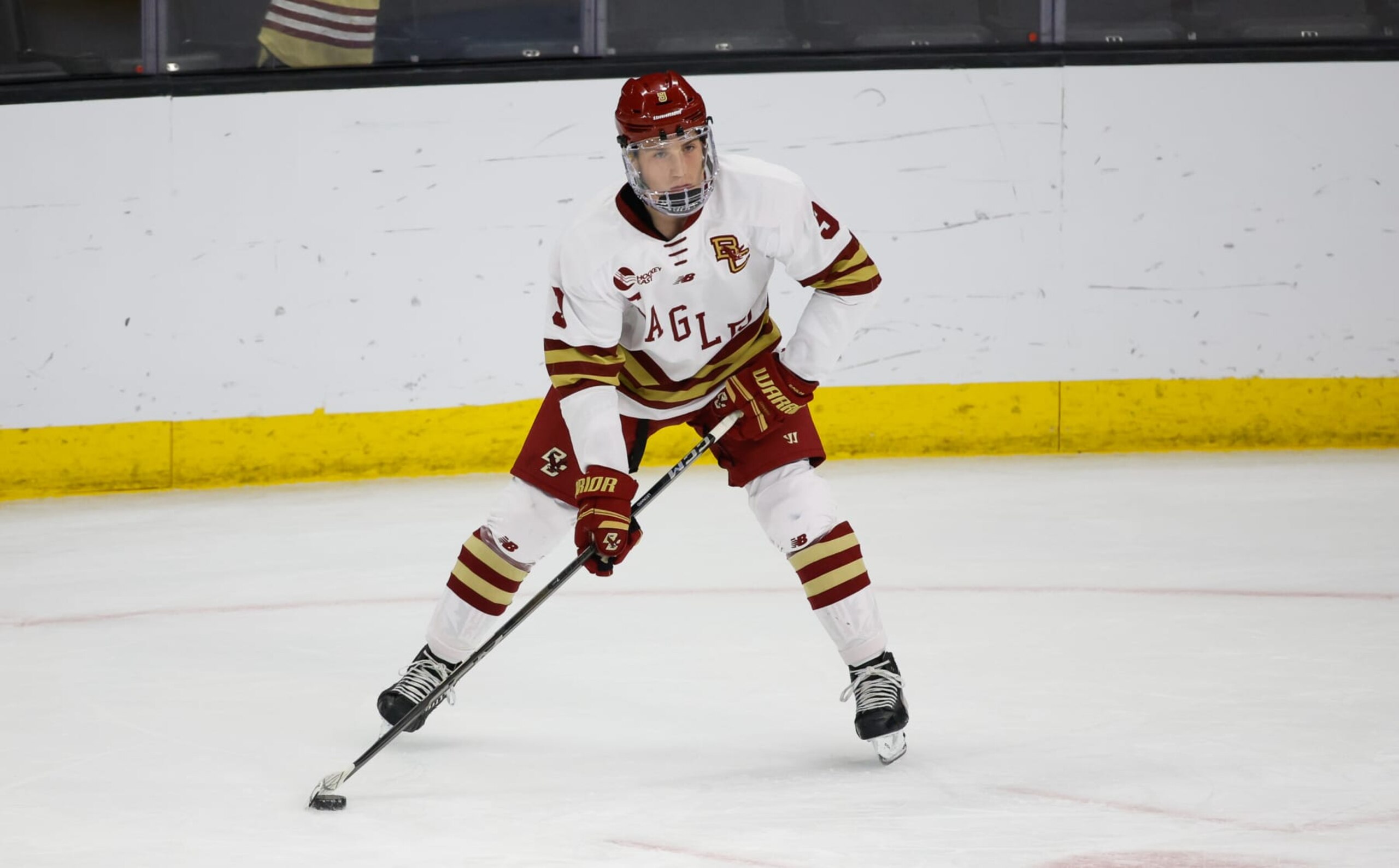 PROVIDENCE, RHODE ISLAND - MARCH 31: Ryan Leonard #9 of the Boston College Eagles warms up before a game against the Quinnipiac Bobcats during the NCAA Division I Men's Ice Hockey Regional Championship final at the Amica Mutual Pavilion on March 31, 2024 in Providence, Rhode Island. The Eagles won 5-4 in overtime to advance to the Frozen Four in St. Paul, Minnesota. (Photo by Richard T Gagnon/Getty Images)