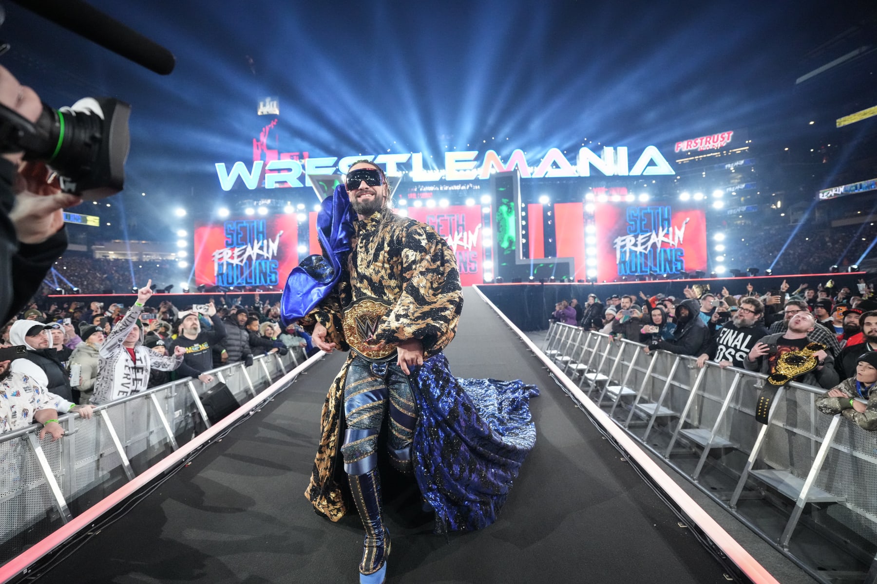 PHILADELPHIA, PENNSYLVANIA - APRIL 6: Seth Rollins enters the ring during Night One of WrestleMania 40 at Lincoln Financial Field on April 6, 2024 in Philadelphia, Pennsylvania. (Photo by WWE/Getty Images)