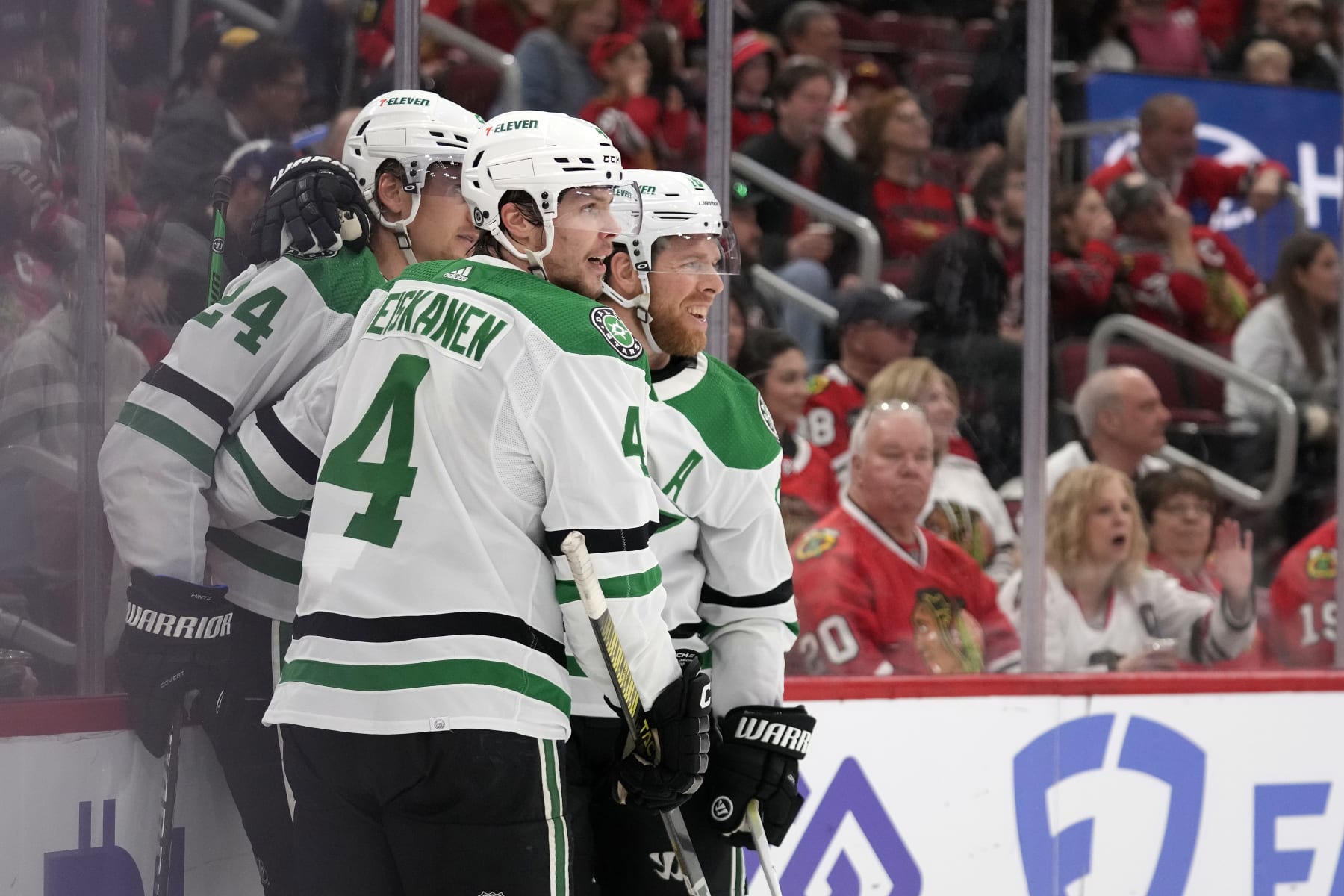 CHICAGO, ILLINOIS - APRIL 06: Roope Hintz #24 of the Dallas Stars celebrates after scoring a goal with Miro Heiskanen #4 during the second period against the Chicago Blackhawks at the United Center on April 06, 2024 in Chicago, Illinois. (Photo by Patrick McDermott/Getty Images)