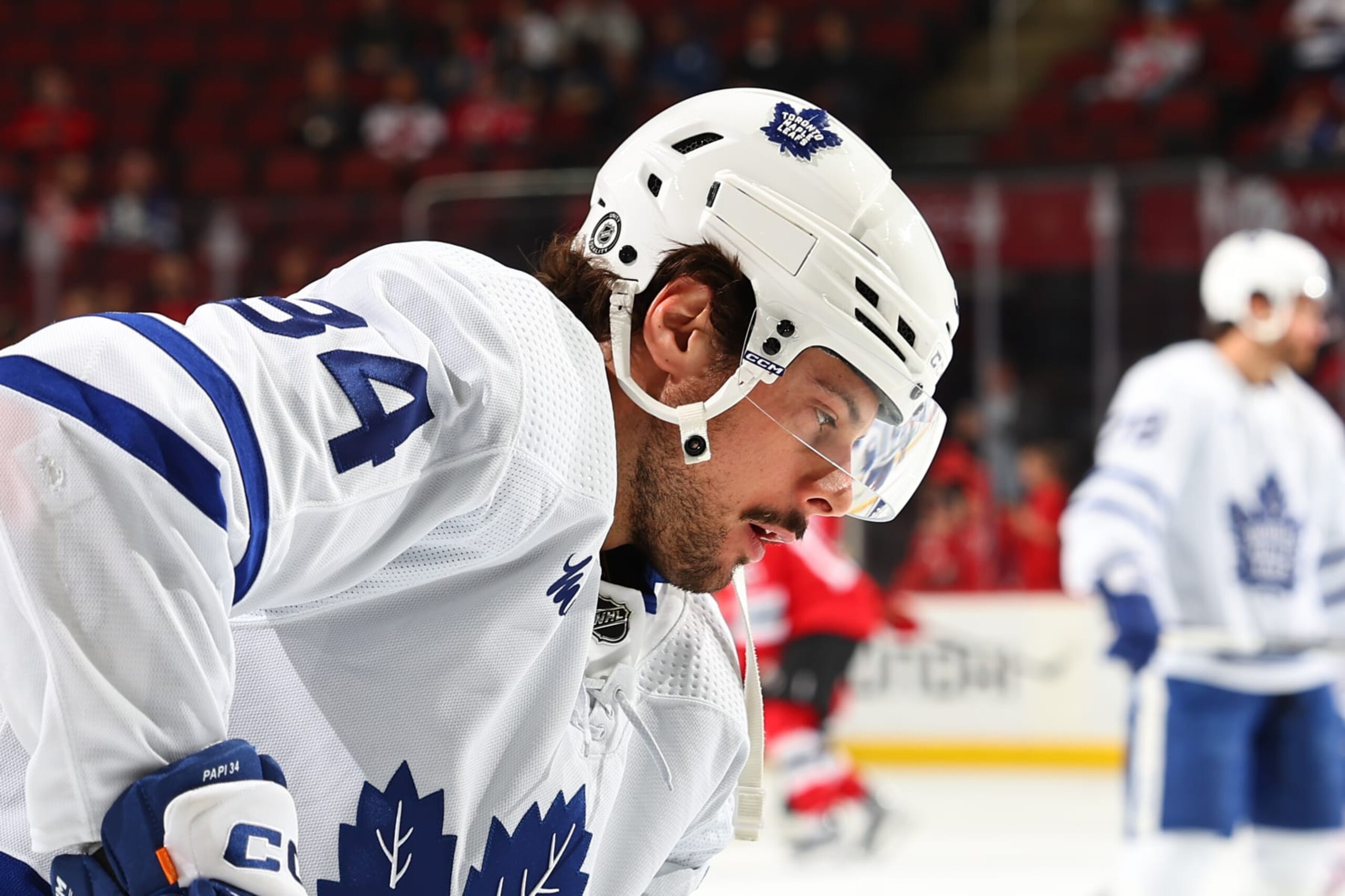 NEWARK, NJ - APRIL 09: Auston Matthews #34 of the Toronto Maple Leafs skates during warm up prior to the game against the New Jersey Devils at the Prudential Center on April 9, 2024 in Newark, New Jersey.  (Photo by Rich Graessle/NHLI via Getty Images)