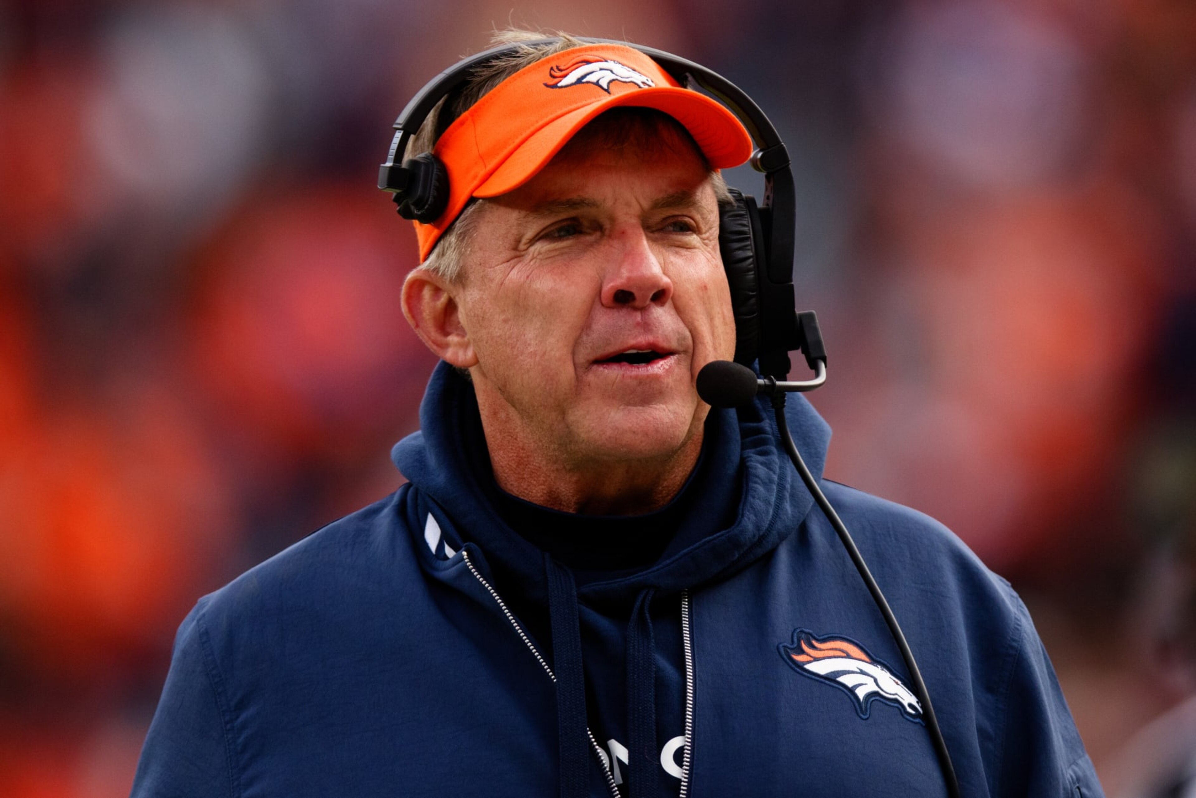 DENVER, CO - DECEMBER 31:  Head Coach Sean Payton of the Denver Broncos talks on the sidelines during the second quarter against the Los Angeles Chargers at Empower Field at Mile High on December 31, 2023 in Denver, Colorado. (Photo by Justin Edmonds/Getty Images)
