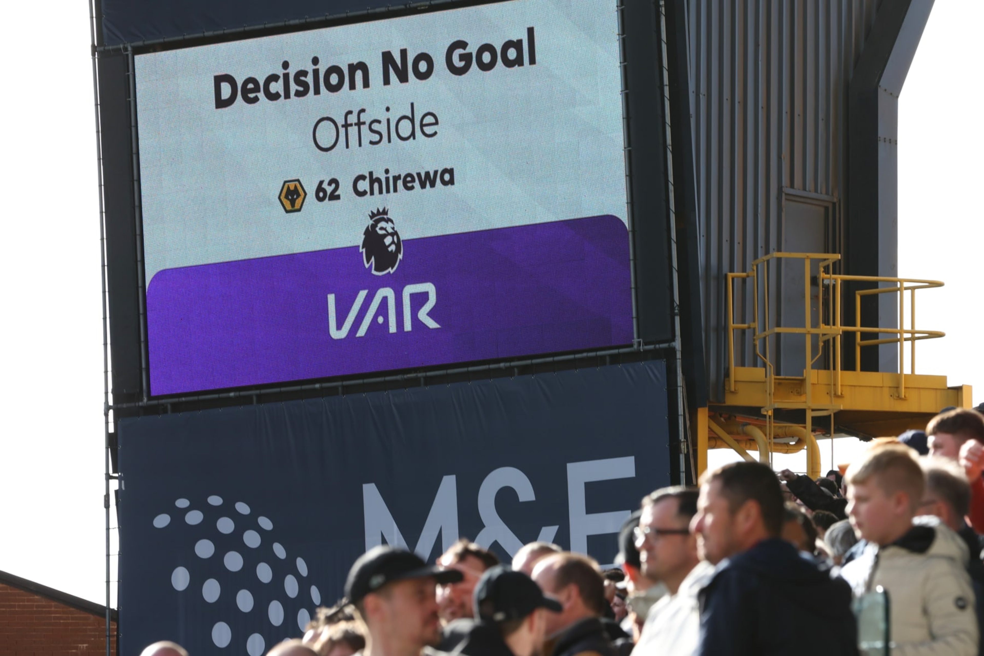 WOLVERHAMPTON, ENGLAND - APRIL 06: The LED board shows the decision to disallow Wolverhampton Wanderers' second goal scored by Max Kilman (not pictured) due to an offside on Tawanda Chirewa (not pictured) during the Premier League match between Wolverhampton Wanderers and West Ham United at Molineux on April 06, 2024 in Wolverhampton, England. (Photo by Matthew Lewis/Getty Images) (Photo by Matthew Lewis/Getty Images) WOLVERHAMPTON, ENGLAND - APRIL 06: The LED board shows the decision to disallow Wolverhampton Wanderers' second goal scored by Max Kilman (not pictured) due to an offside on Tawanda Chirewa (not pictured) during the Premier League match between Wolverhampton Wanderers and West Ham United at Molineux on April 06, 2024 in Wolverhampton, England. (Photo by Matthew Lewis/Getty Images) (Photo by Matthew Lewis/Getty Images)