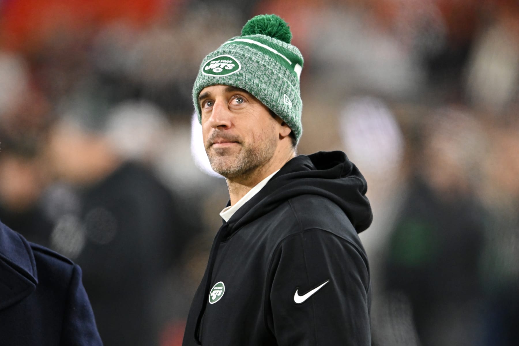 CLEVELAND, OHIO - DECEMBER 28: Aaron Rodgers #8 of the New York Jets looks on prior to playing the Cleveland Browns at Cleveland Browns Stadium on December 28, 2023 in Cleveland, Ohio. (Photo by Nick Cammett/Getty Images)