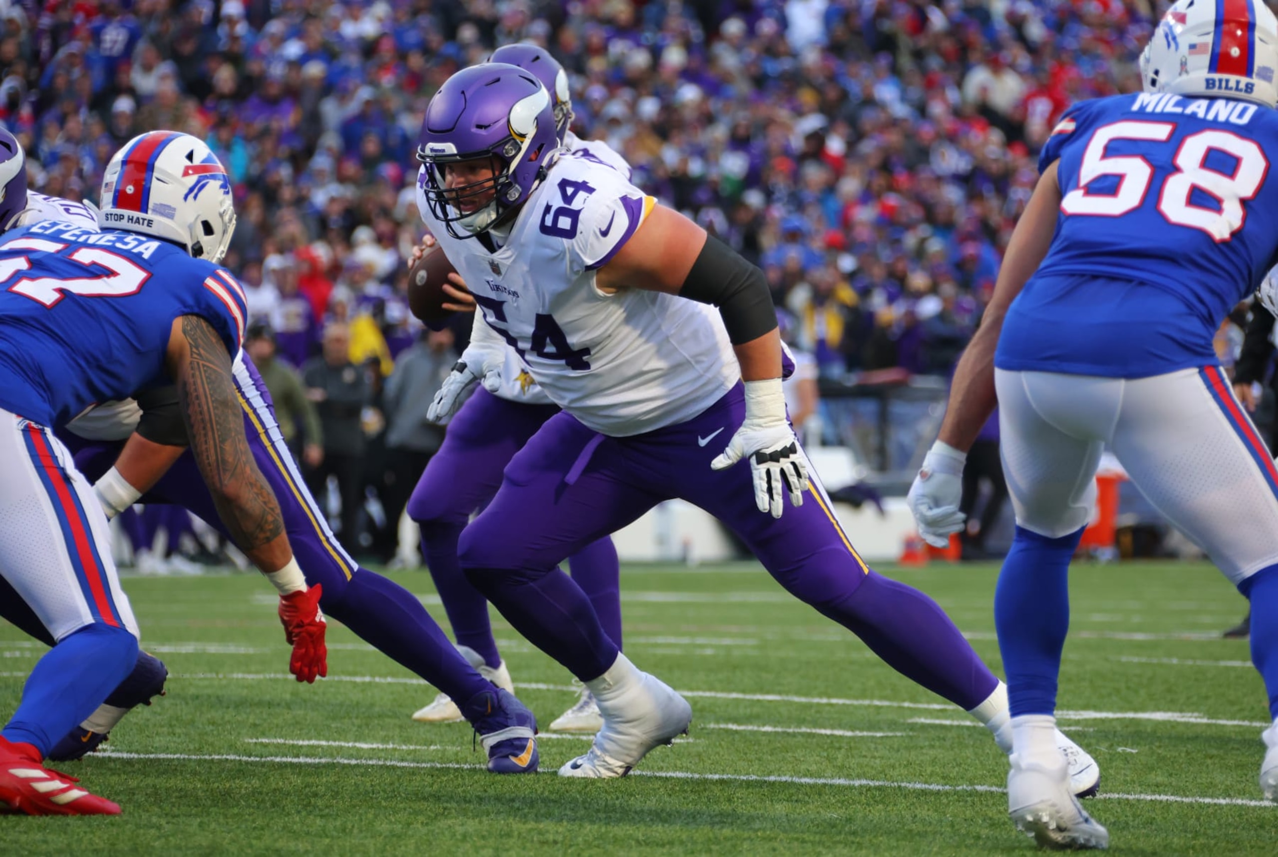 ORCHARD PARK, NY - NOVEMBER 13: Blake Brandel #64 of the Minnesota Vikings looks to make a block during a game against the Buffalo Bills at Highmark Stadium on November 13, 2022 in Orchard Park, New York. (Photo by Timothy T Ludwig/Getty Images)