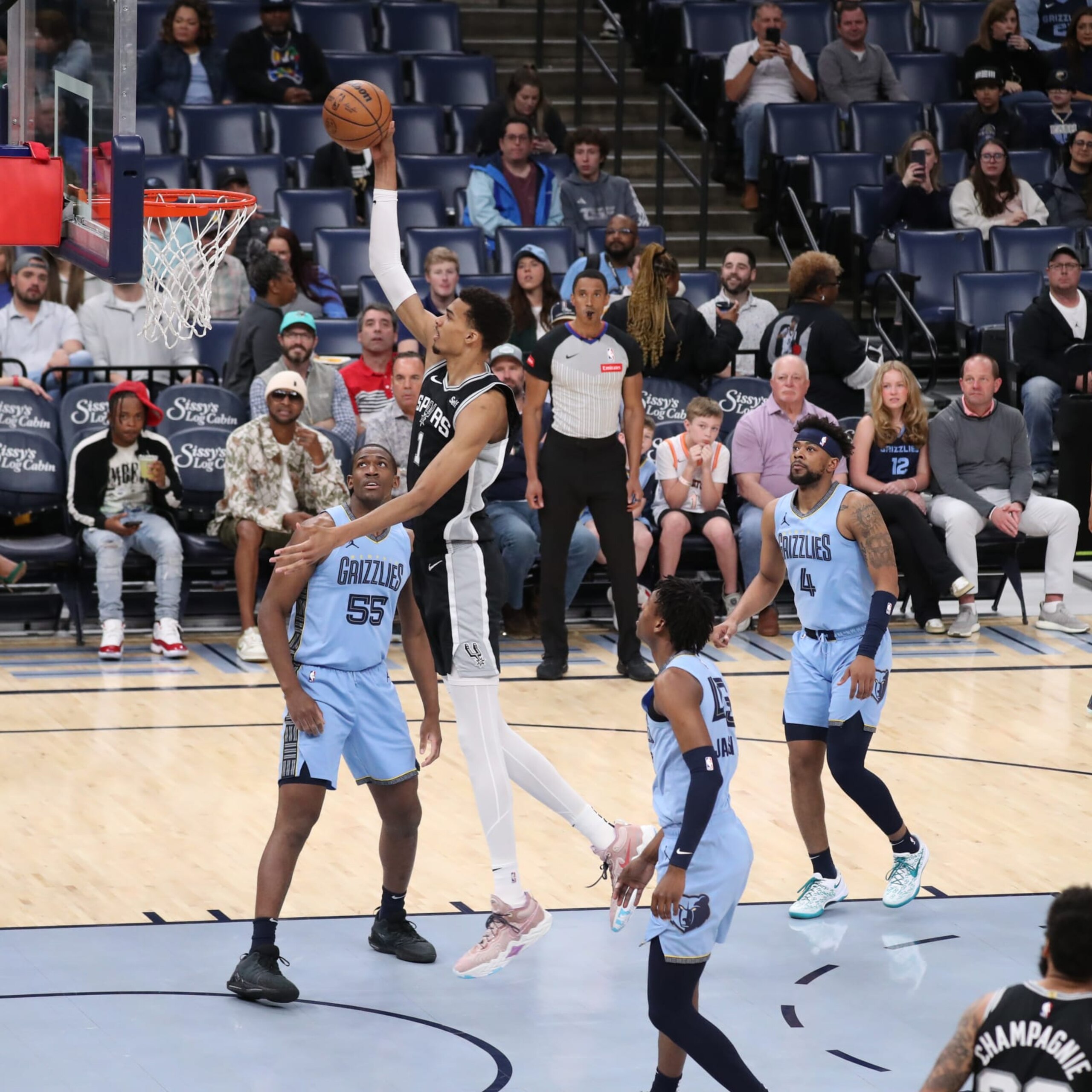 MEMPHIS, TN - APRIL 9: Victor Wembanyama #1 of the San Antonio Spurs drives to the basket during the game against the Memphis Grizzlies on April 9, 2024 at FedExForum in Memphis, Tennessee. NOTE TO USER: User expressly acknowledges and agrees that, by downloading and or using this photograph, User is consenting to the terms and conditions of the Getty Images License Agreement. Mandatory Copyright Notice: Copyright 2024 NBAE (Photo by Joe Murphy/NBAE via Getty Images) MEMPHIS, TN - APRIL 9: Victor Wembanyama #1 of the San Antonio Spurs drives to the basket during the game against the Memphis Grizzlies on April 9, 2024 at FedExForum in Memphis, Tennessee. NOTE TO USER: User expressly acknowledges and agrees that, by downloading and or using this photograph, User is consenting to the terms and conditions of the Getty Images License Agreement. Mandatory Copyright Notice: Copyright 2024 NBAE (Photo by Joe Murphy/NBAE via Getty Images)