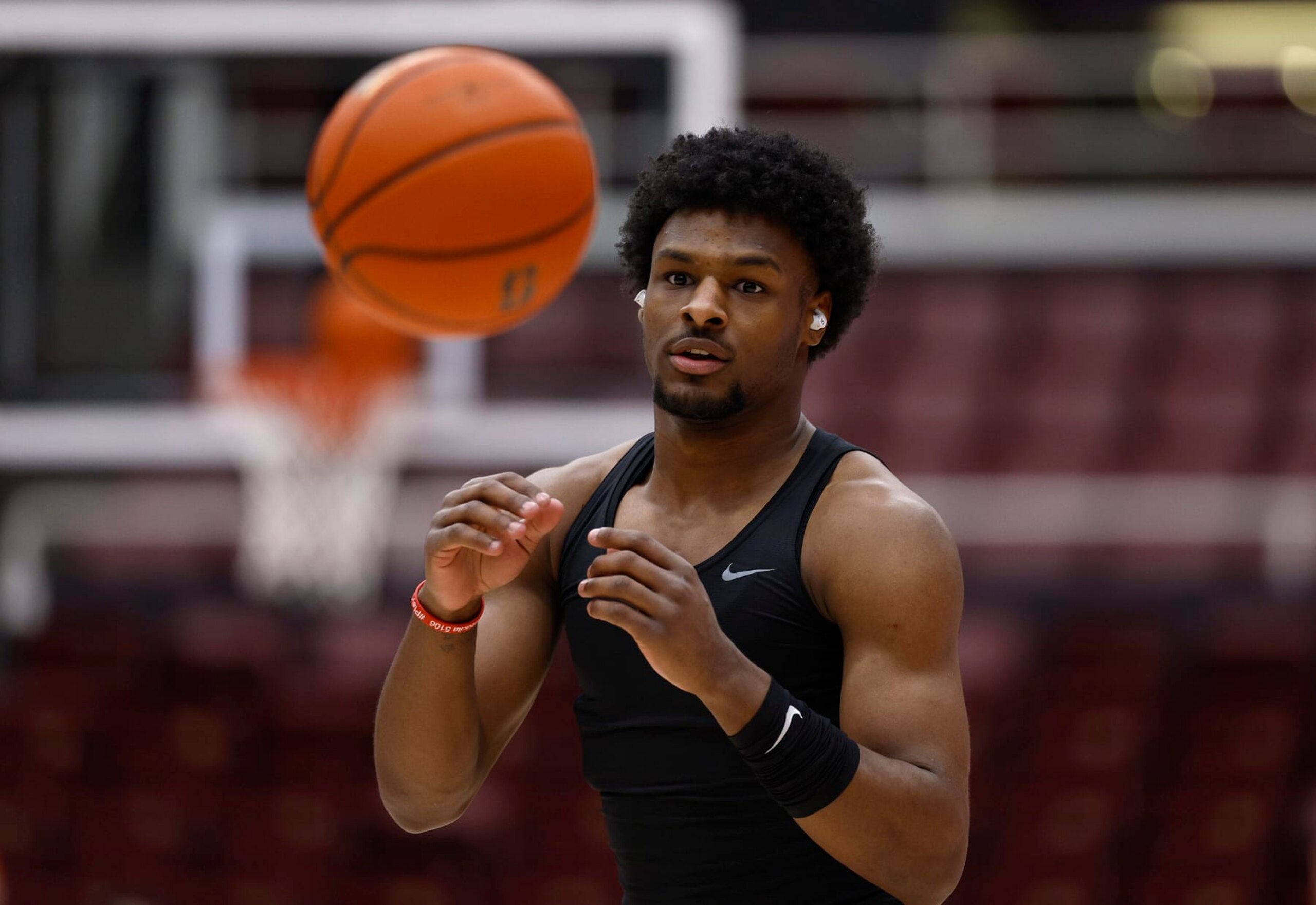 PALO ALTO, CALIFORNIA - FEBRUARY 10: Bronny James #6 of the USC Trojans warms up prior to the start of an NCAA basketball game against the Stanford Cardinal at Stanford Maples Pavilion on February 10, 2024 in Palo Alto, California. (Photo by Thearon W. Henderson/Getty Images)