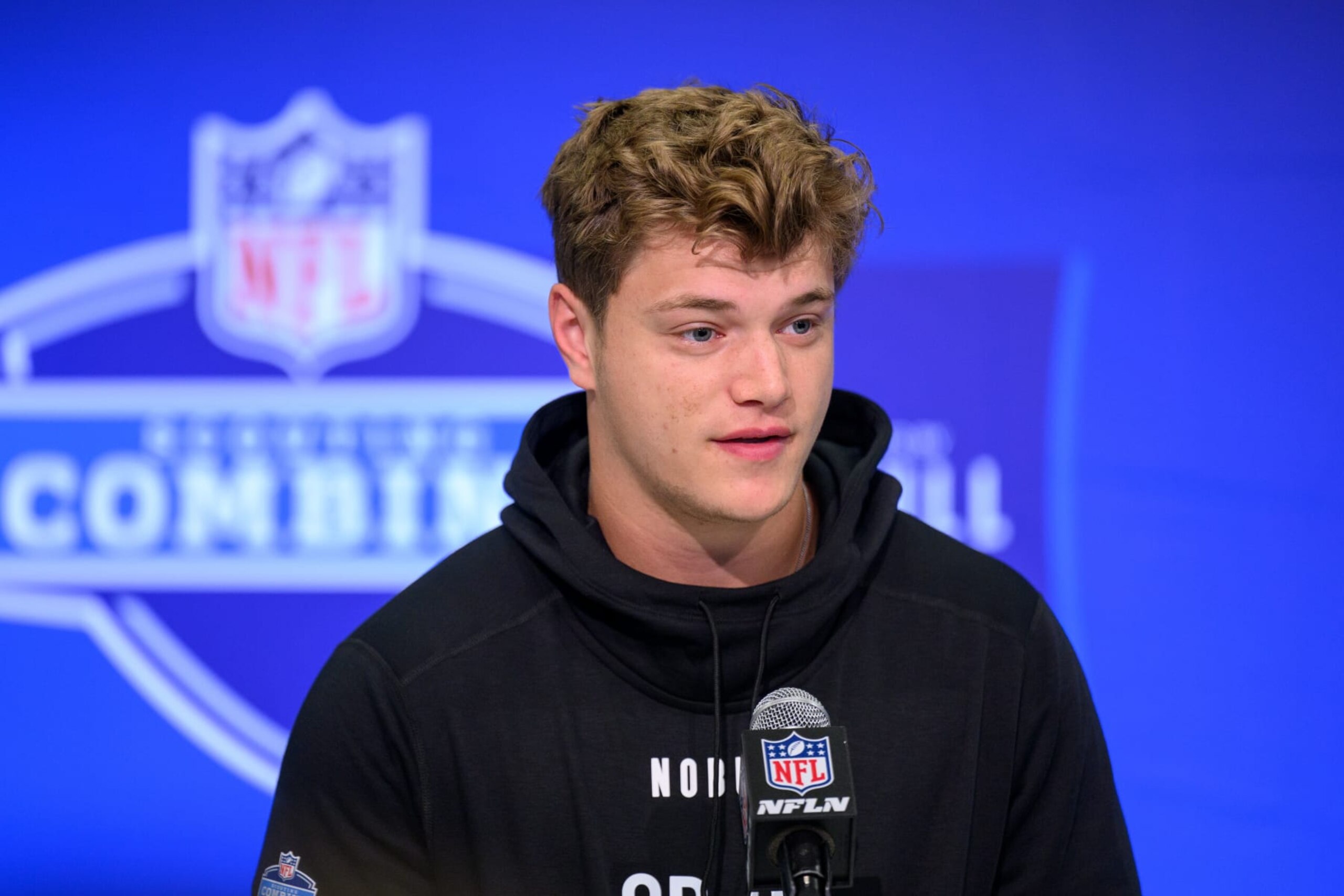 INDIANAPOLIS, IN - MARCH 01: Michigan quarterback J.J. McCarthy answers questions from the media during the NFL Scouting Combine on March 1, 2024, at the Indiana Convention Center in Indianapolis, IN. (Photo by Zach Bolinger/Icon Sportswire via Getty Images) INDIANAPOLIS, IN - MARCH 01: Michigan quarterback J.J. McCarthy answers questions from the media during the NFL Scouting Combine on March 1, 2024, at the Indiana Convention Center in Indianapolis, IN. (Photo by Zach Bolinger/Icon Sportswire via Getty Images)