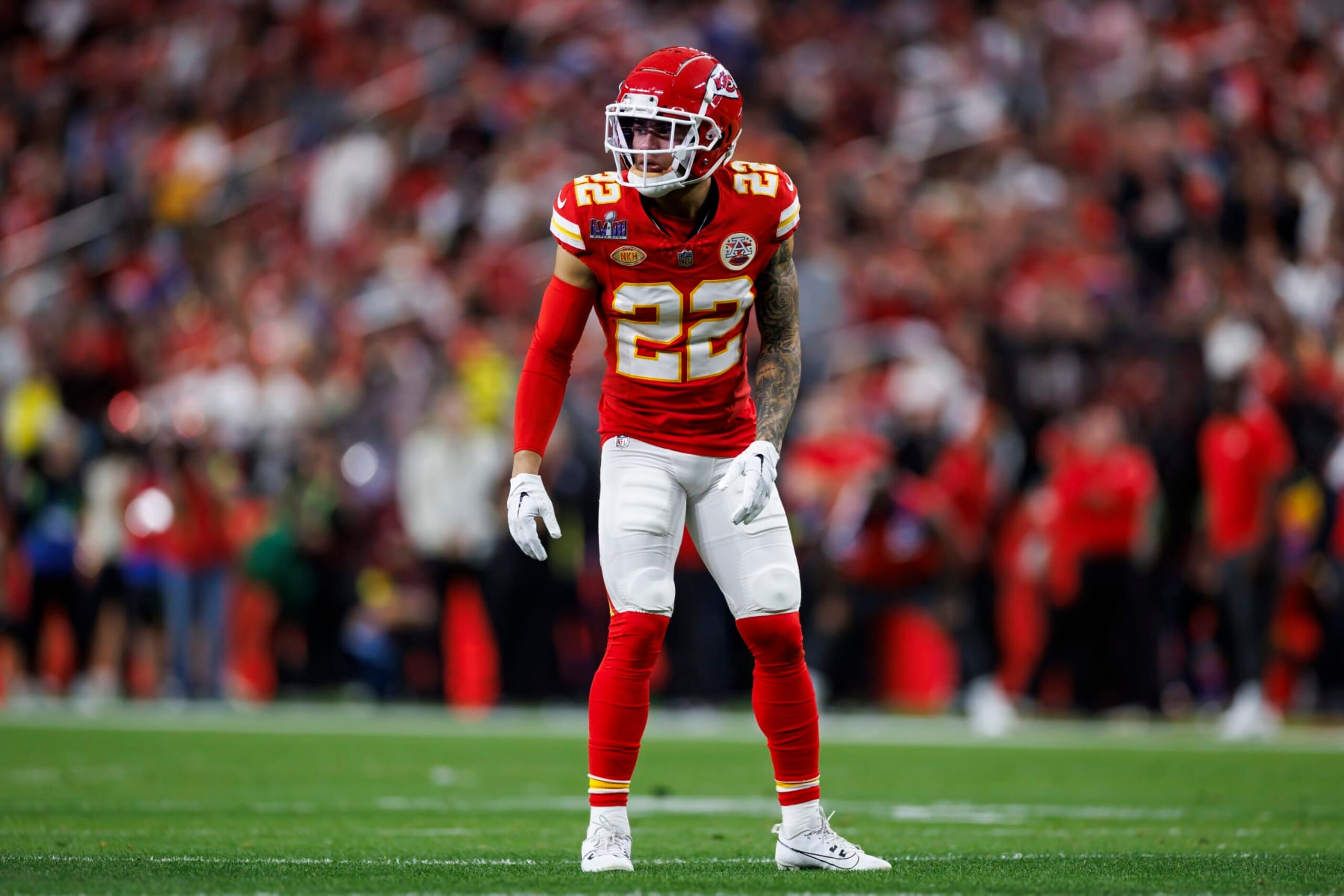 LAS VEGAS, NEVADA - FEBRUARY 11: Trent McDuffie #22 of the Kansas City Chiefs defends in coverage during Super Bowl LVIII against the San Francisco 49ers at Allegiant Stadium on February 11, 2024 in Las Vegas, Nevada. (Photo by Ryan Kang/Getty Images)