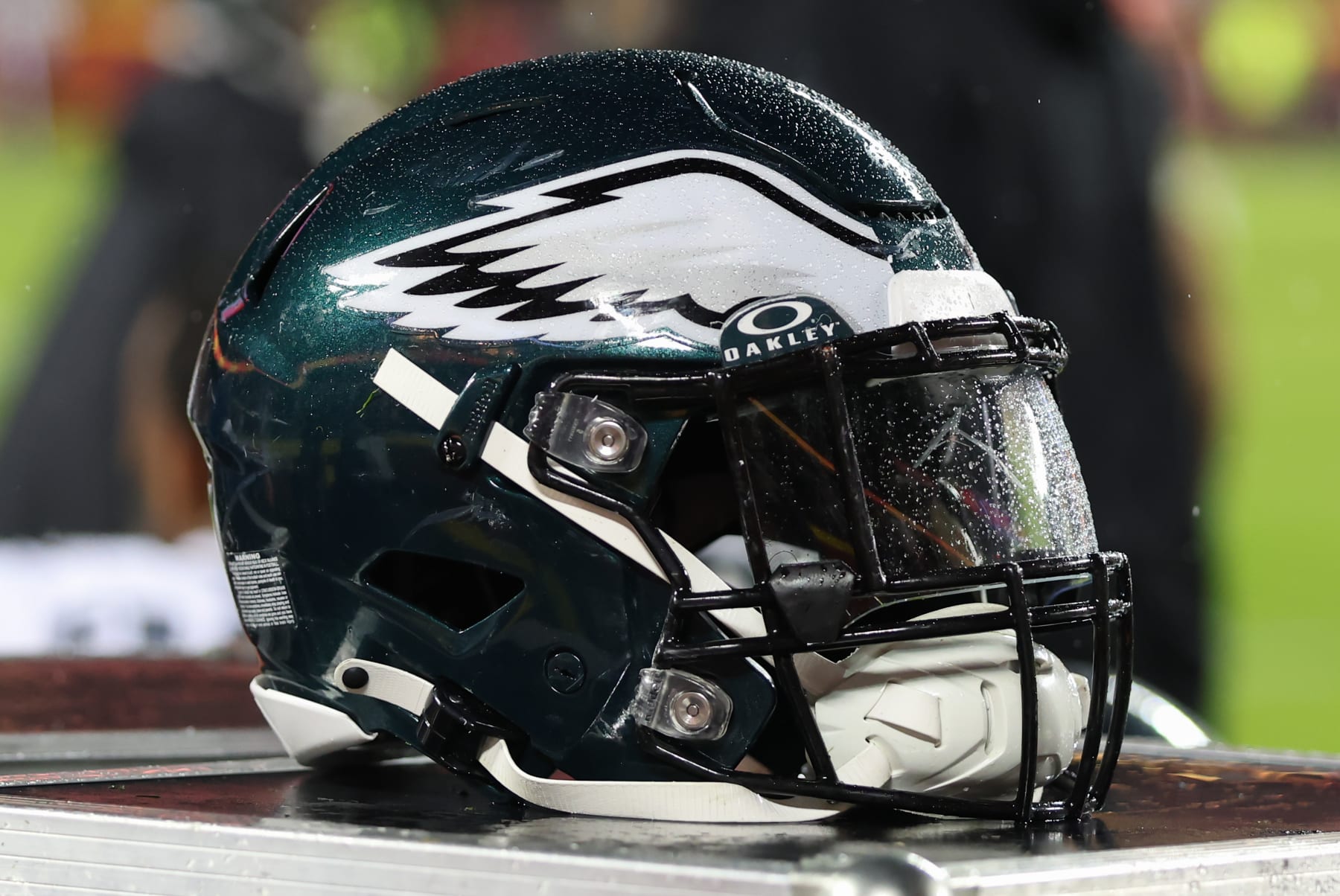 KANSAS CITY, MO - NOVEMBER 20: A view of a Philadelphia Eagles helmet during an NFL football game between the Philadelphia Eagles and Kansas City Chiefs on Nov 20, 2023 at GEHA Field at Arrowhead Stadium in Kansas City, MO. (Photo by Scott Winters/Icon Sportswire via Getty Images)