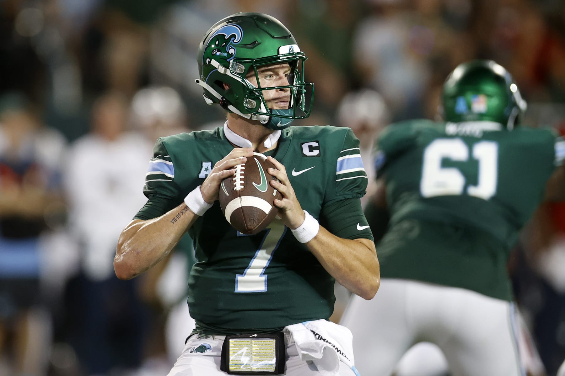 NEW ORLEANS, LOUISIANA - SEPTEMBER 02: Michael Pratt #7 of the Tulane Green Wave in action against the University of Southern Alabama at Yulman Stadium on September 02, 2023 in New Orleans, Louisiana. (Photo by Chris Graythen/Getty Images)