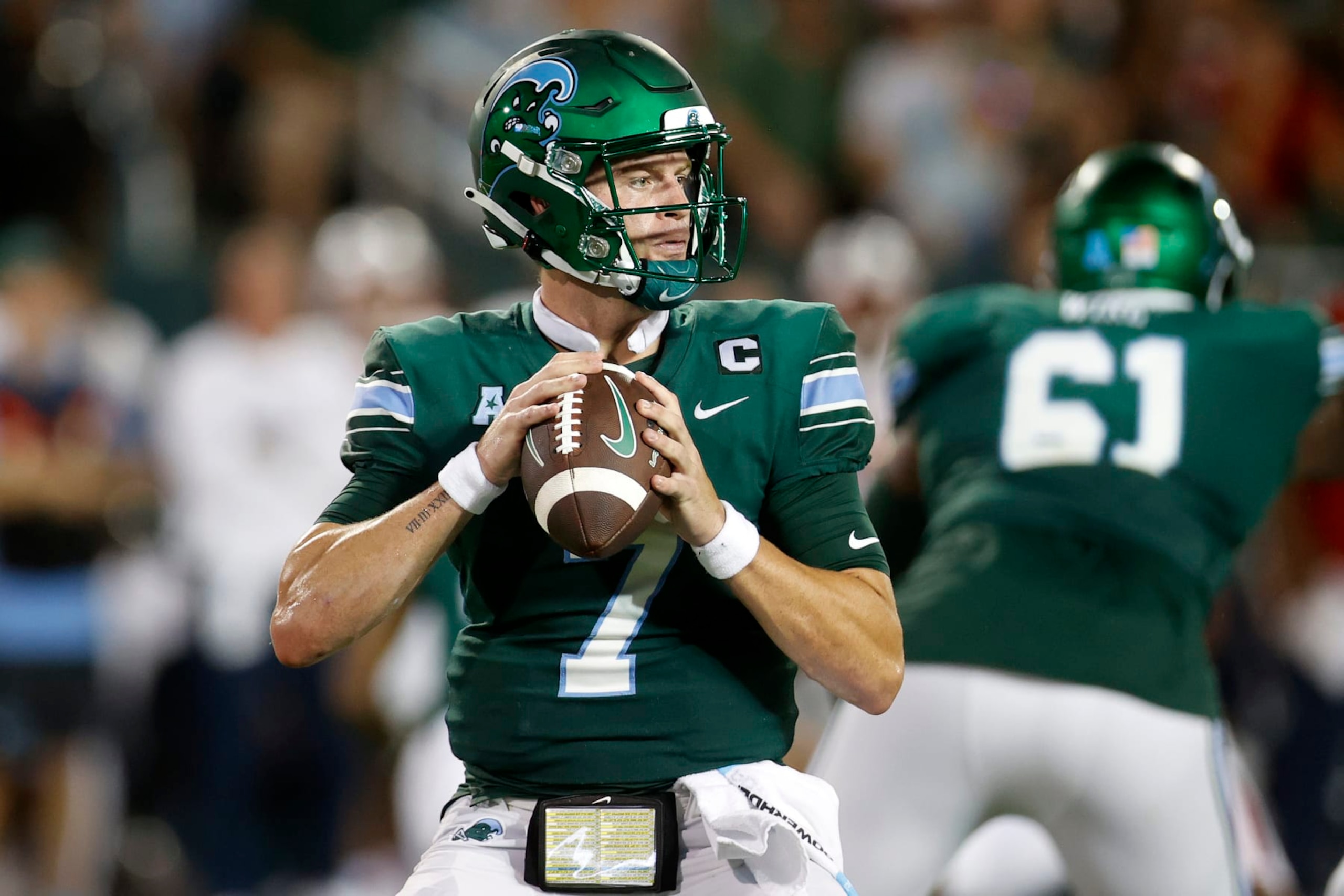 NEW ORLEANS, LOUISIANA - SEPTEMBER 02: Michael Pratt #7 of the Tulane Green Wave in action against the University of Southern Alabama at Yulman Stadium on September 02, 2023 in New Orleans, Louisiana. (Photo by Chris Graythen/Getty Images)