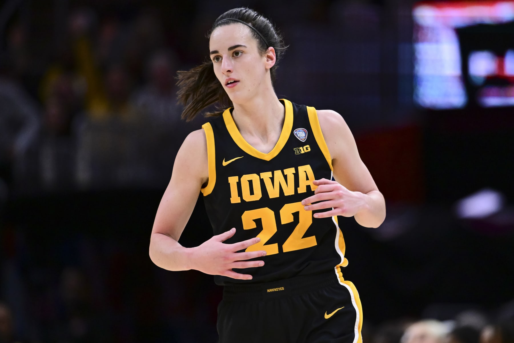 CLEVELAND, OHIO - APRIL 7: Caitlin Clark #22 of the Iowa Hawkeyes runs against the South Carolina Gamecocks during the NCAA Women's Basketball Tournament National Championship at Rocket Mortgage Fieldhouse on April 7, 2024 in Cleveland, Ohio. (Photo by Ben Solomon/NCAA Photos via Getty Images)