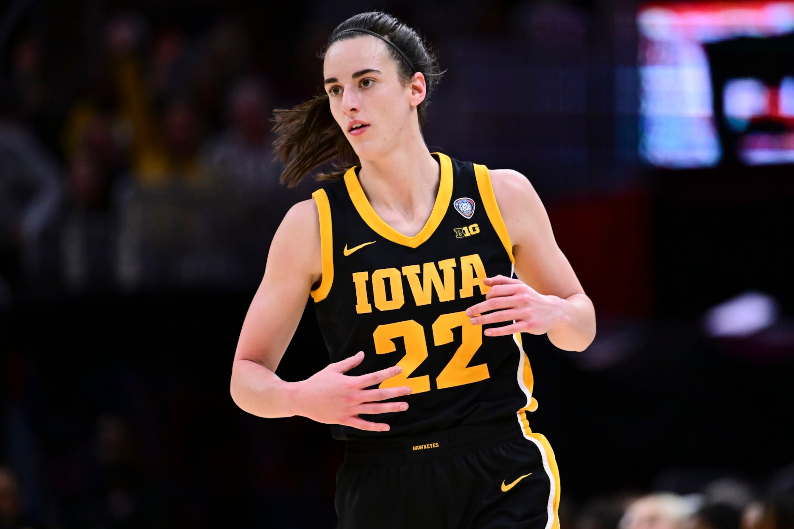 CLEVELAND, OHIO - APRIL 7: Caitlin Clark #22 of the Iowa Hawkeyes runs against the South Carolina Gamecocks during the NCAA Women's Basketball Tournament National Championship at Rocket Mortgage Fieldhouse on April 7, 2024 in Cleveland, Ohio. (Photo by Ben Solomon/NCAA Photos via Getty Images)