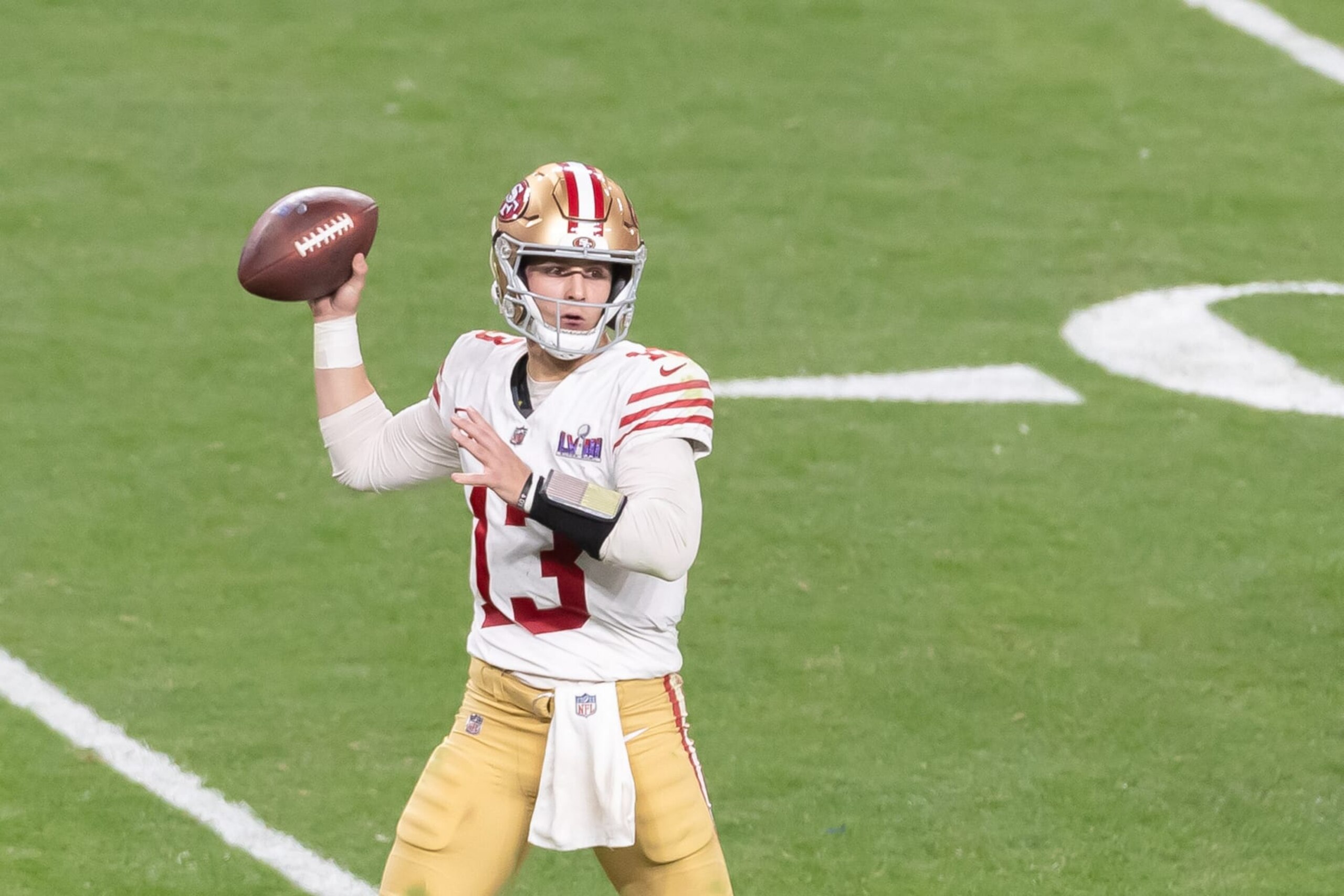 LAS VEGAS, NEVADA - FEBRUARY 11: Brock Purdy of San Francisco 49ers controls the ball during the Super Bowl LVIII match between San Francisco 49ers and Kansas City Chiefs at Allegiant Stadium on February 11, 2024 in Las Vegas, Nevada. (Photo by Mario Hommes/DeFodi Images via Getty Images)