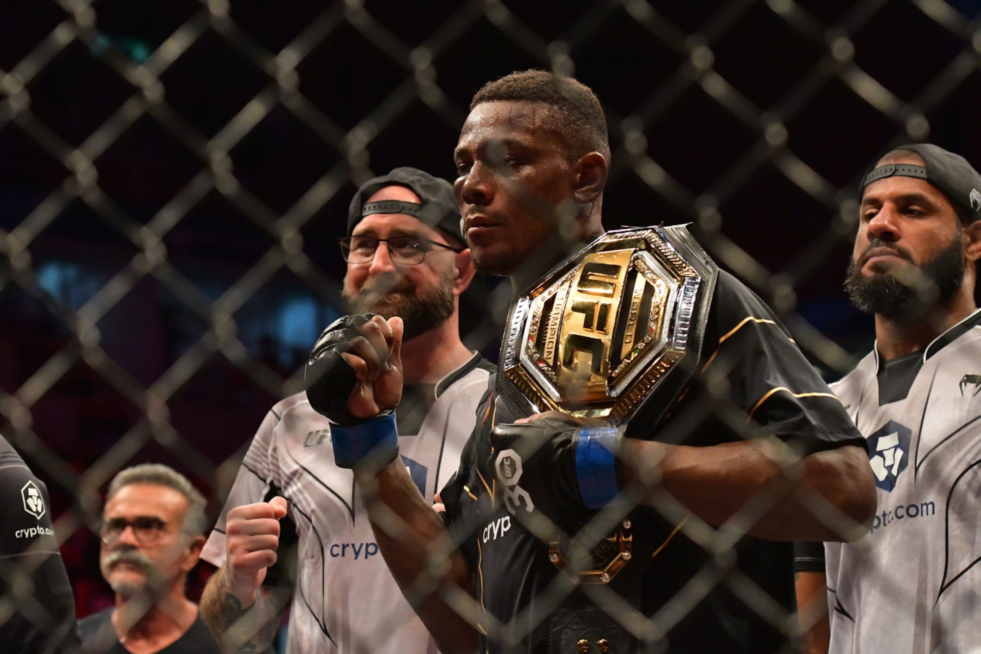 Jamahal Hill celebrates his victory over Glover Teixeira Jamahal Hill celebrates his victory over Glover Teixeira