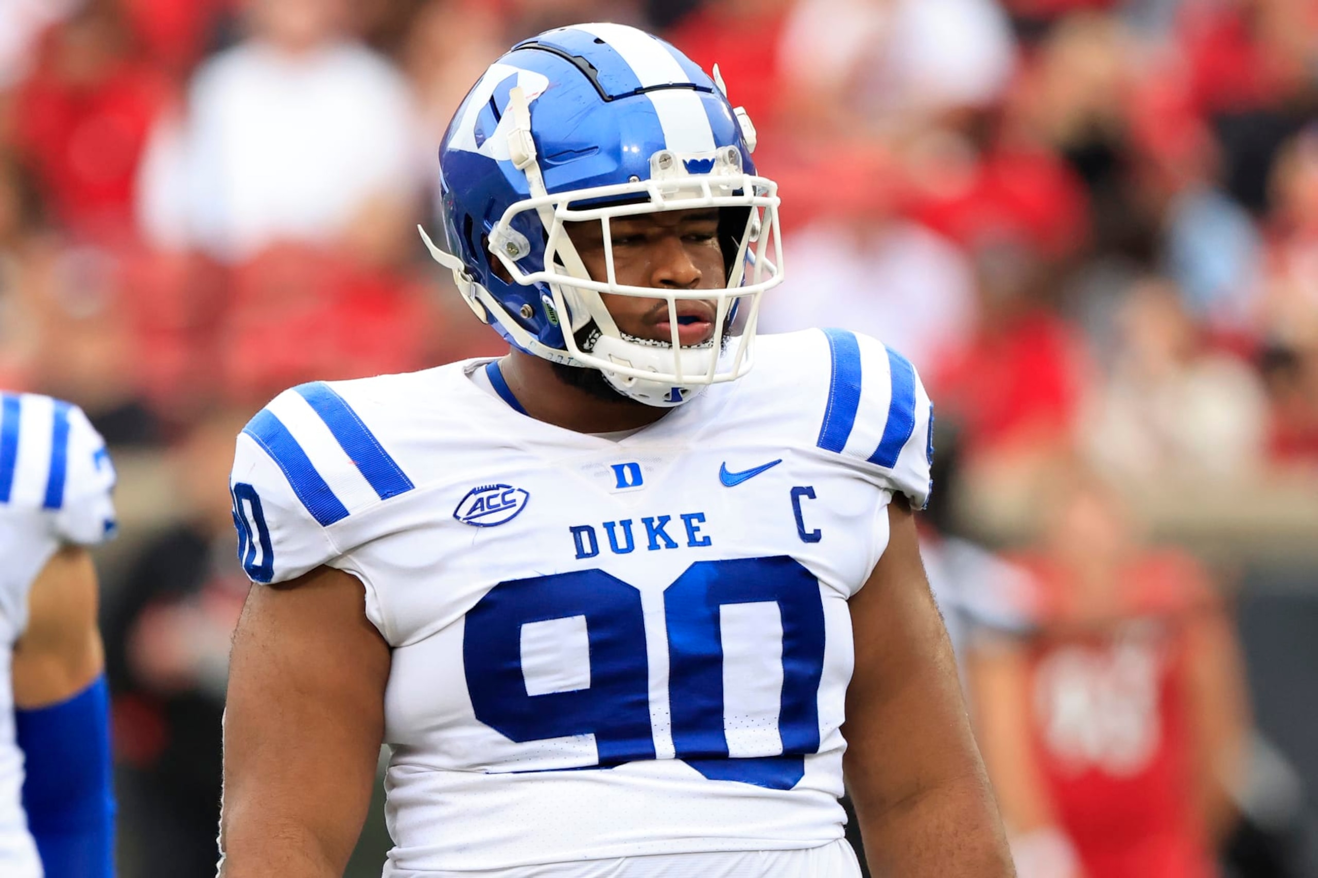 LOUISVILLE, KENTUCKY - OCTOBER 28: DeWayne Carter #90 of the Duke Blue Devils looks on in the game against the Louisville Cardinals at Cardinal Stadium on October 28, 2023 in Louisville, Kentucky. (Photo by Justin Casterline/Getty Images) LOUISVILLE, KENTUCKY - OCTOBER 28: DeWayne Carter #90 of the Duke Blue Devils looks on in the game against the Louisville Cardinals at Cardinal Stadium on October 28, 2023 in Louisville, Kentucky. (Photo by Justin Casterline/Getty Images)