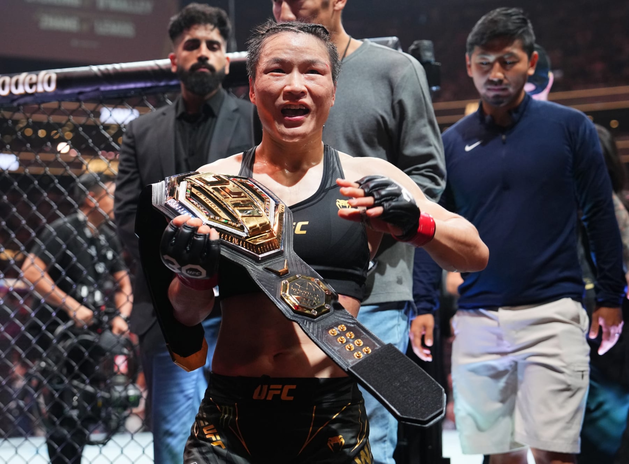 Zhang Weili of China reacts after her victory over Amanda Lemos last August.