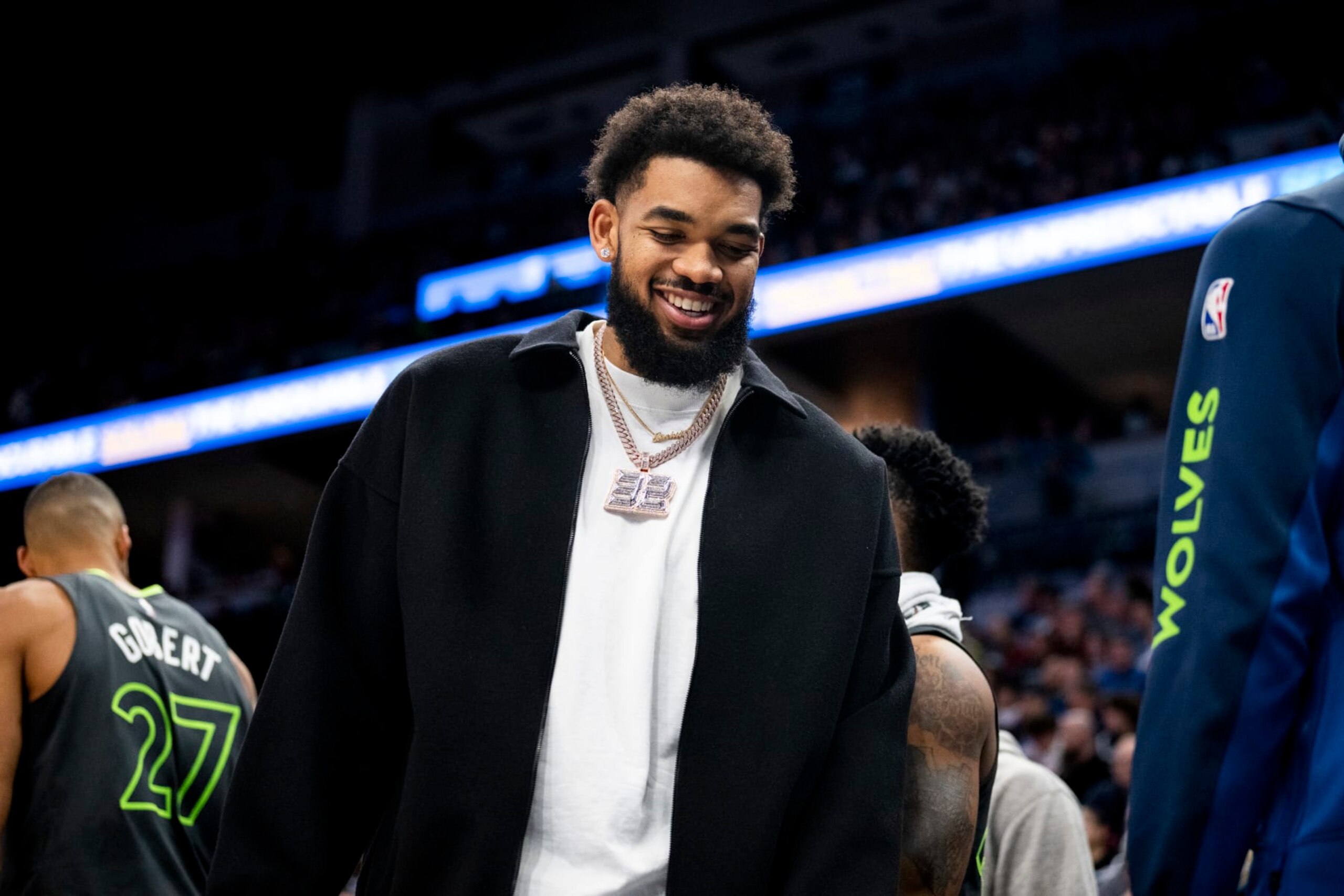 MINNEAPOLIS, MINNESOTA - APRIL 2: Karl-Anthony Towns #32 of the Minnesota Timberwolves looks on during a timeout in the second quarter of the game against the Houston Rockets at Target Center on April 2, 2024 in Minneapolis, Minnesota. NOTE TO USER: User expressly acknowledges and agrees that, by downloading and or using this photograph, User is consenting to the terms and conditions of the Getty Images License Agreement. (Photo by Stephen Maturen/Getty Images)
