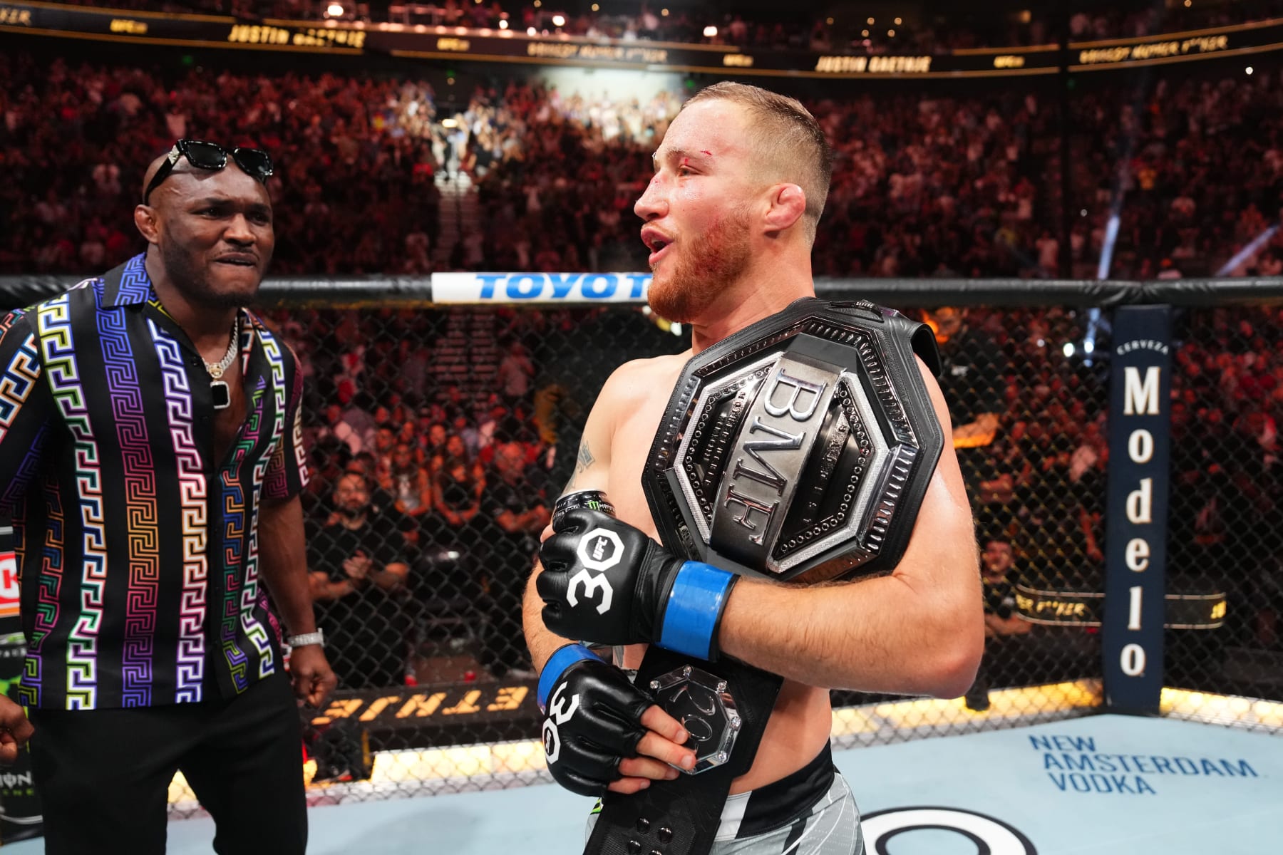 Justin Gaethje celebrates with the BMF title.