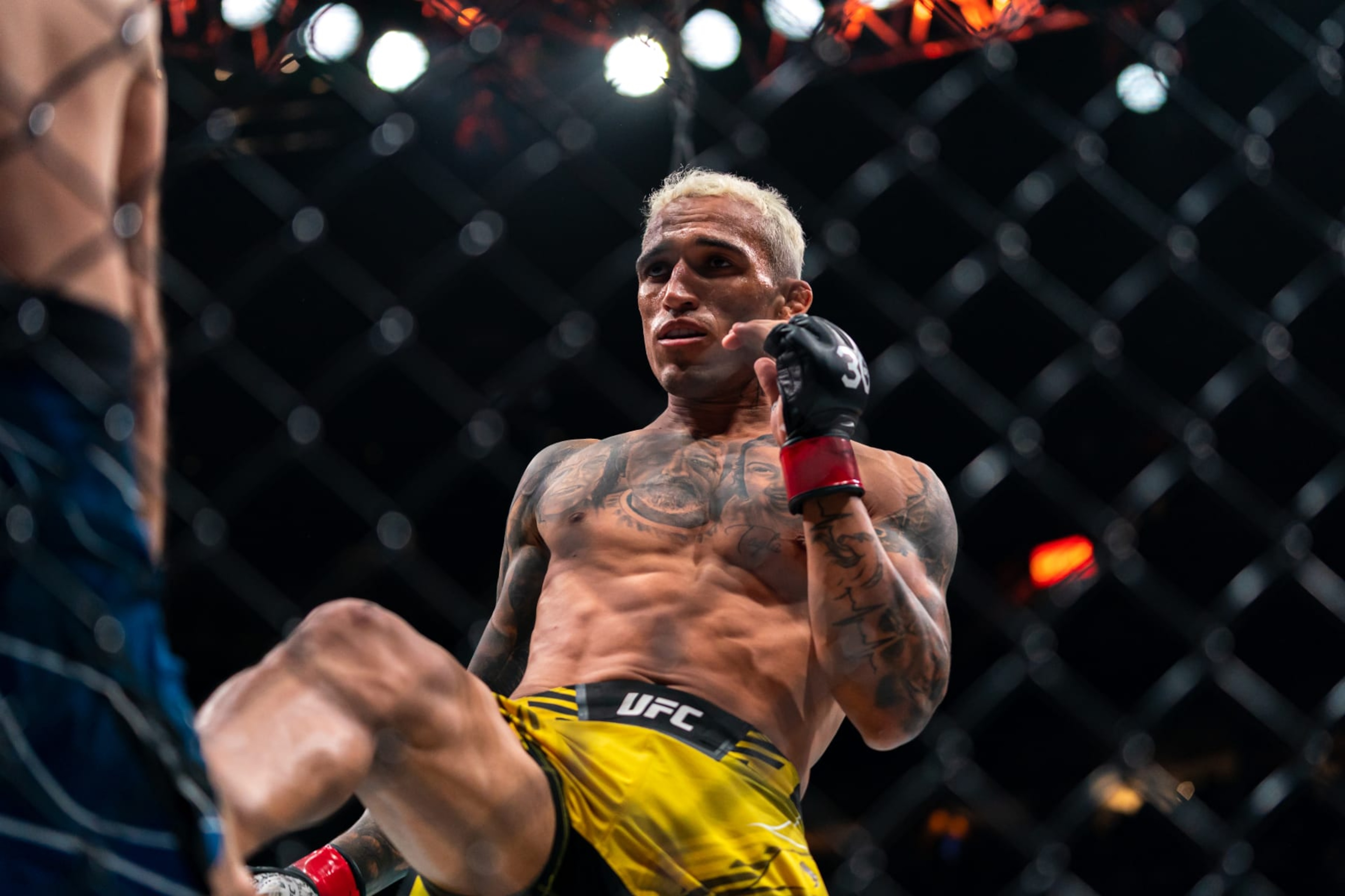 Charles Oliveira throws a kick at Beneil Dariush Charles Oliveira throws a kick at Beneil Dariush