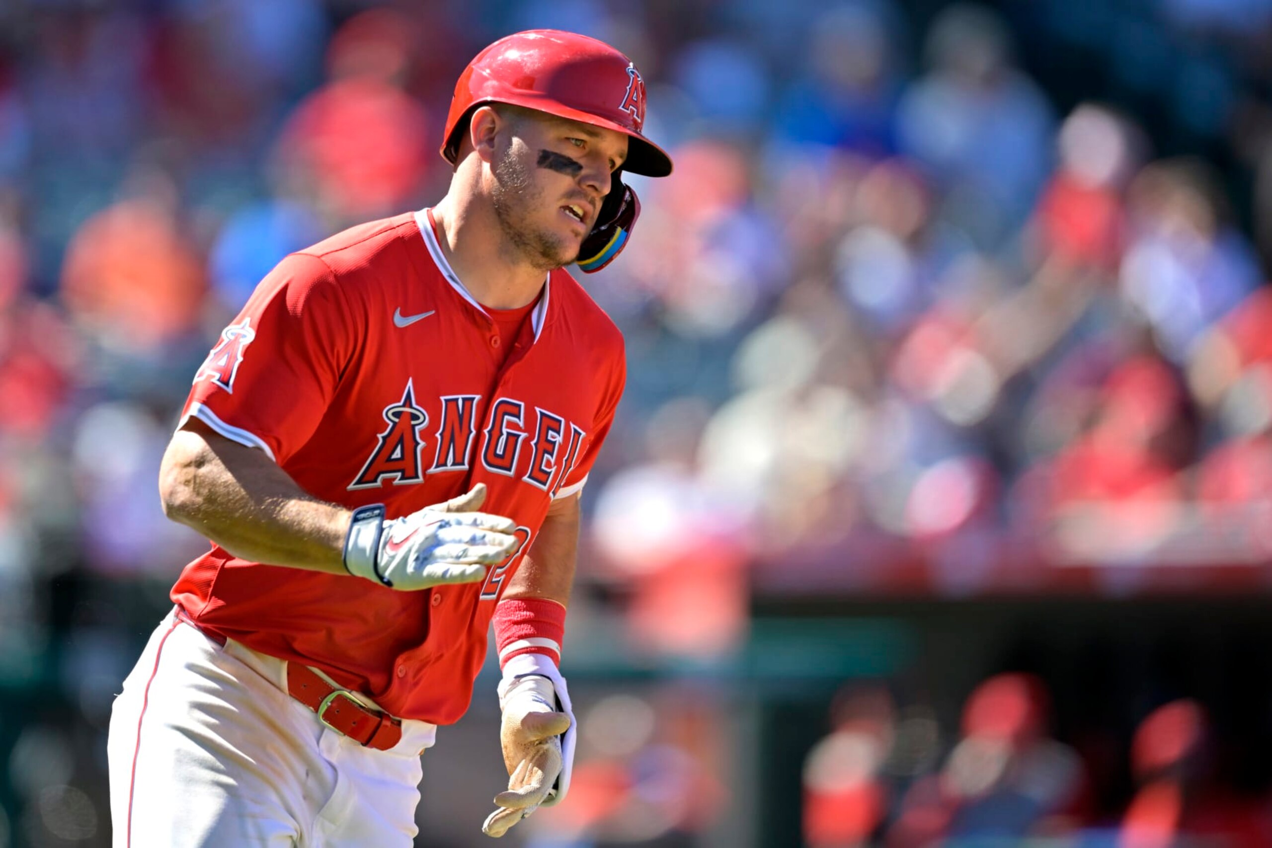 ANAHEIM, CALIFORNIA - APRIL 10: Mike Trout #27 of the Los Angeles Angels runs the bases against the Tampa Bay Rays at Angel Stadium of Anaheim on April 10, 2024 in Anaheim, California. (Photo by Jayne Kamin-Oncea/Getty Images)