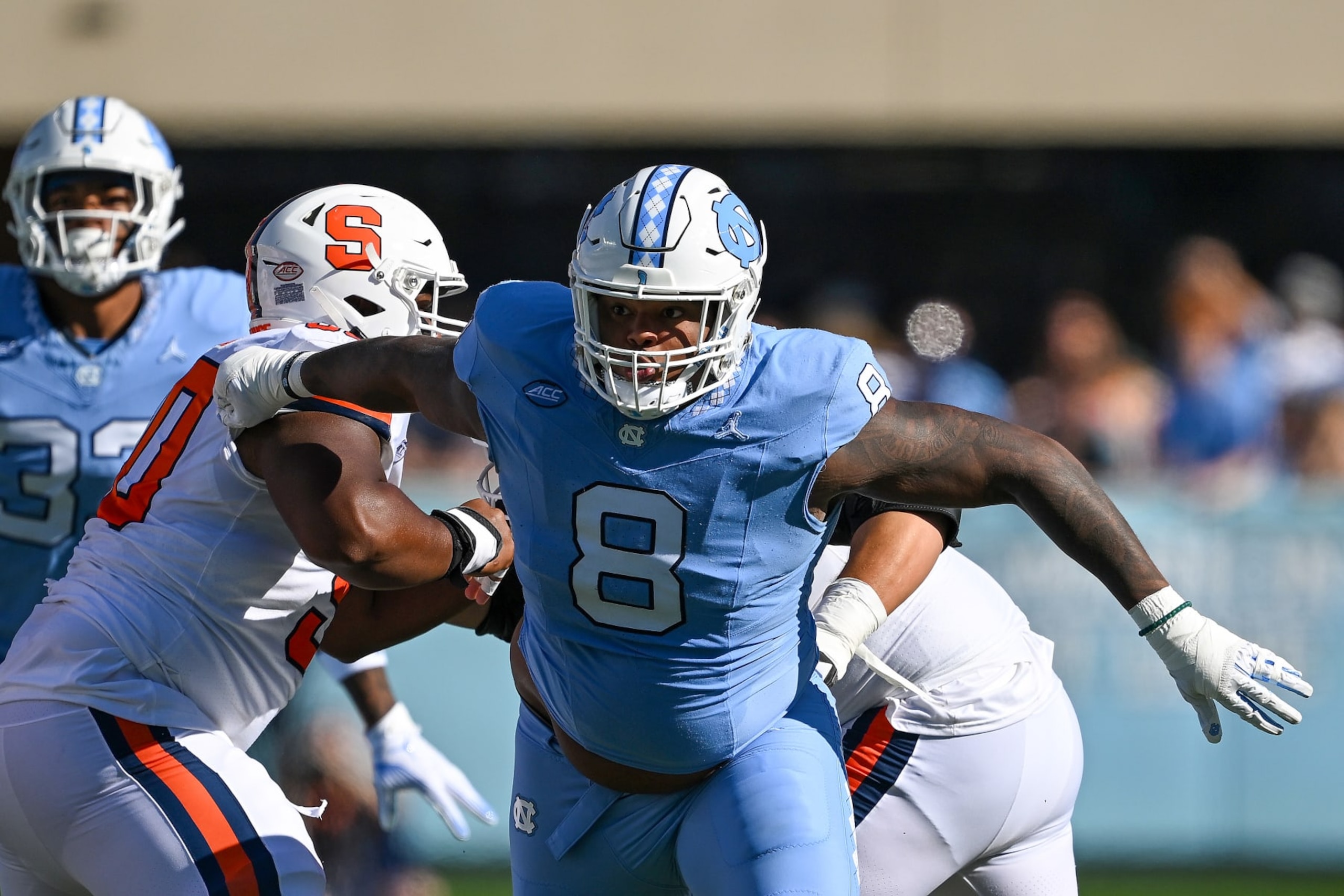 CHAPEL HILL, NORTH CAROLINA - OCTOBER 07: Myles Murphy #8 of the North Carolina Tar Heels in action against the Syracuse Orange during the second half of their game at Kenan Memorial Stadium on October 07, 2023 in Chapel Hill, North Carolina. The Tar Heels won 40-7. (Photo by Grant Halverson/Getty Images) CHAPEL HILL, NORTH CAROLINA - OCTOBER 07: Myles Murphy #8 of the North Carolina Tar Heels in action against the Syracuse Orange during the second half of their game at Kenan Memorial Stadium on October 07, 2023 in Chapel Hill, North Carolina. The Tar Heels won 40-7. (Photo by Grant Halverson/Getty Images)