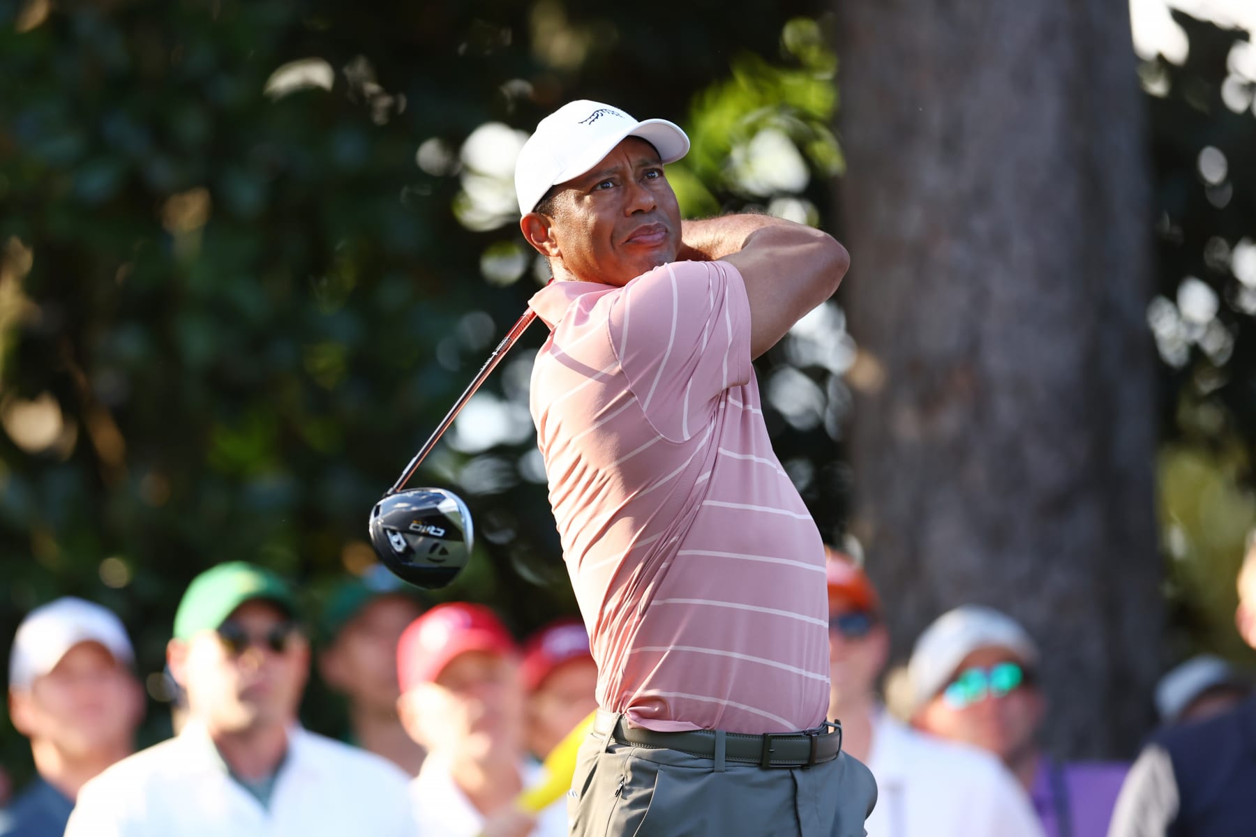 AUGUSTA, GEORGIA - APRIL 11: Tiger Woods of the United States plays his shot from the ninth tee during the first round of the 2024 Masters Tournament at Augusta National Golf Club on April 11, 2024 in Augusta, Georgia.  (Photo by Maddie Meyer/Getty Images)