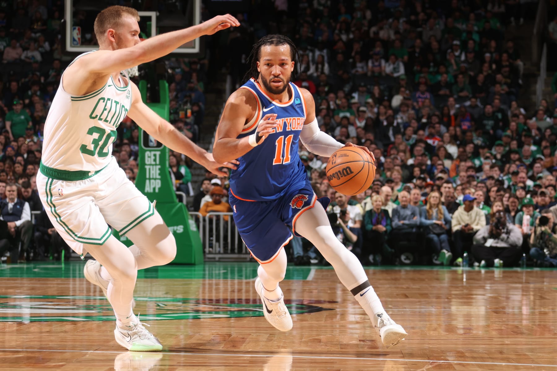 BOSTON, MA - APRIL 11: Jalen Brunson #11 of the New York Knicks dribbles the ball during the game against the Boston Celtics on April 11, 2024 at the TD Garden in Boston, Massachusetts. NOTE TO USER: User expressly acknowledges and agrees that, by downloading and or using this photograph, User is consenting to the terms and conditions of the Getty Images License Agreement. Mandatory Copyright Notice: Copyright 2024 NBAE  (Photo by Nathaniel S. Butler/NBAE via Getty Images)