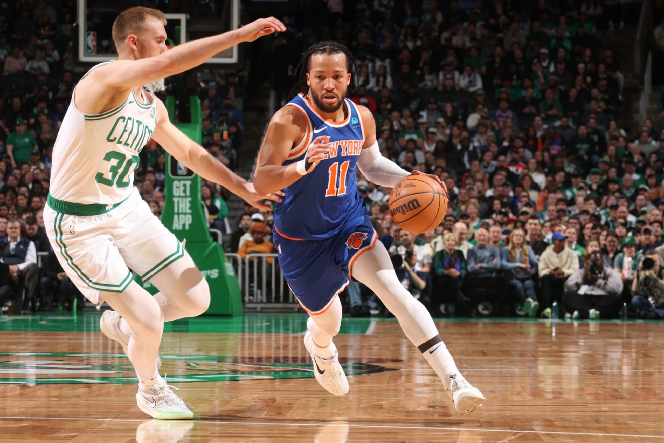 BOSTON, MA - APRIL 11: Jalen Brunson #11 of the New York Knicks dribbles the ball during the game against the Boston Celtics on April 11, 2024 at the TD Garden in Boston, Massachusetts. NOTE TO USER: User expressly acknowledges and agrees that, by downloading and or using this photograph, User is consenting to the terms and conditions of the Getty Images License Agreement. Mandatory Copyright Notice: Copyright 2024 NBAE  (Photo by Nathaniel S. Butler/NBAE via Getty Images)
