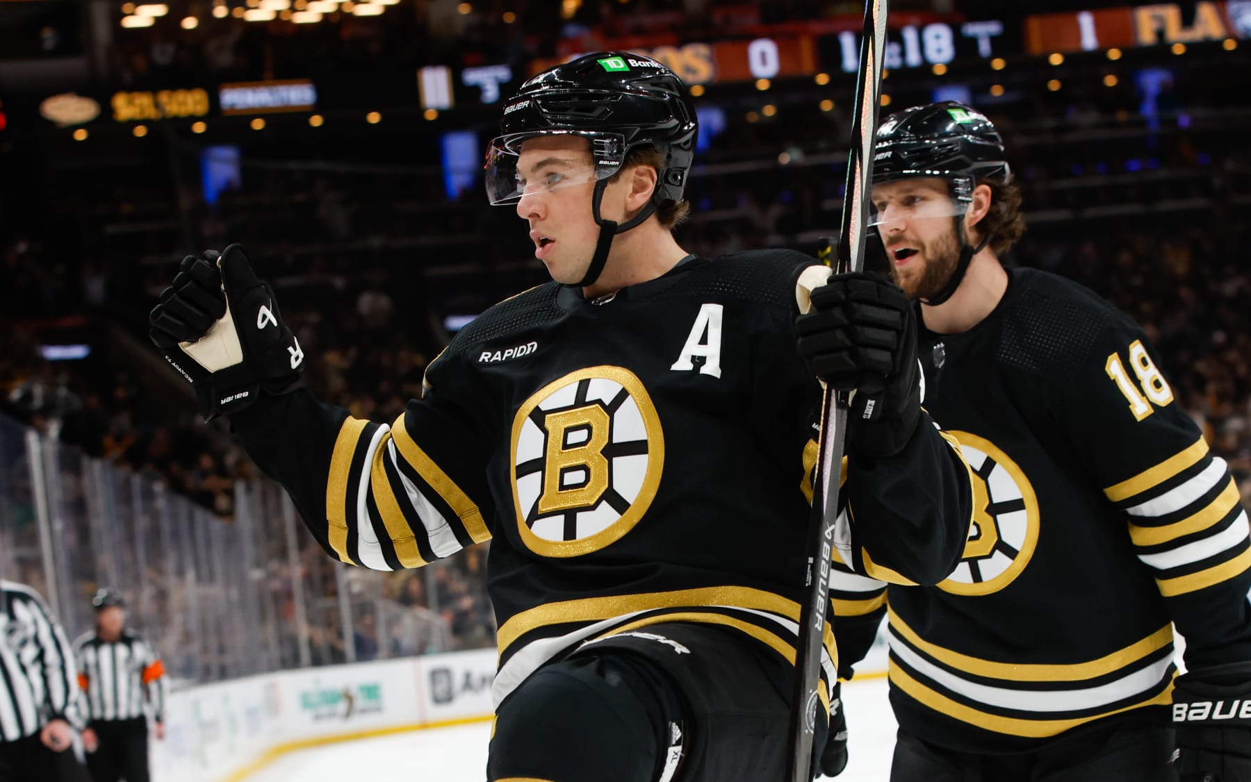 BOSTON, MASSACHUSETTS - APRIL 6: Charlie McAvoy #73 of the Boston Bruins celebrates his goal against the Florida Panthers during the first period at the TD Garden on April 6, 2024 in Boston, Massachusetts. The Bruins won 3-2 in overtime. (Photo by Richard T Gagnon/Getty Images)