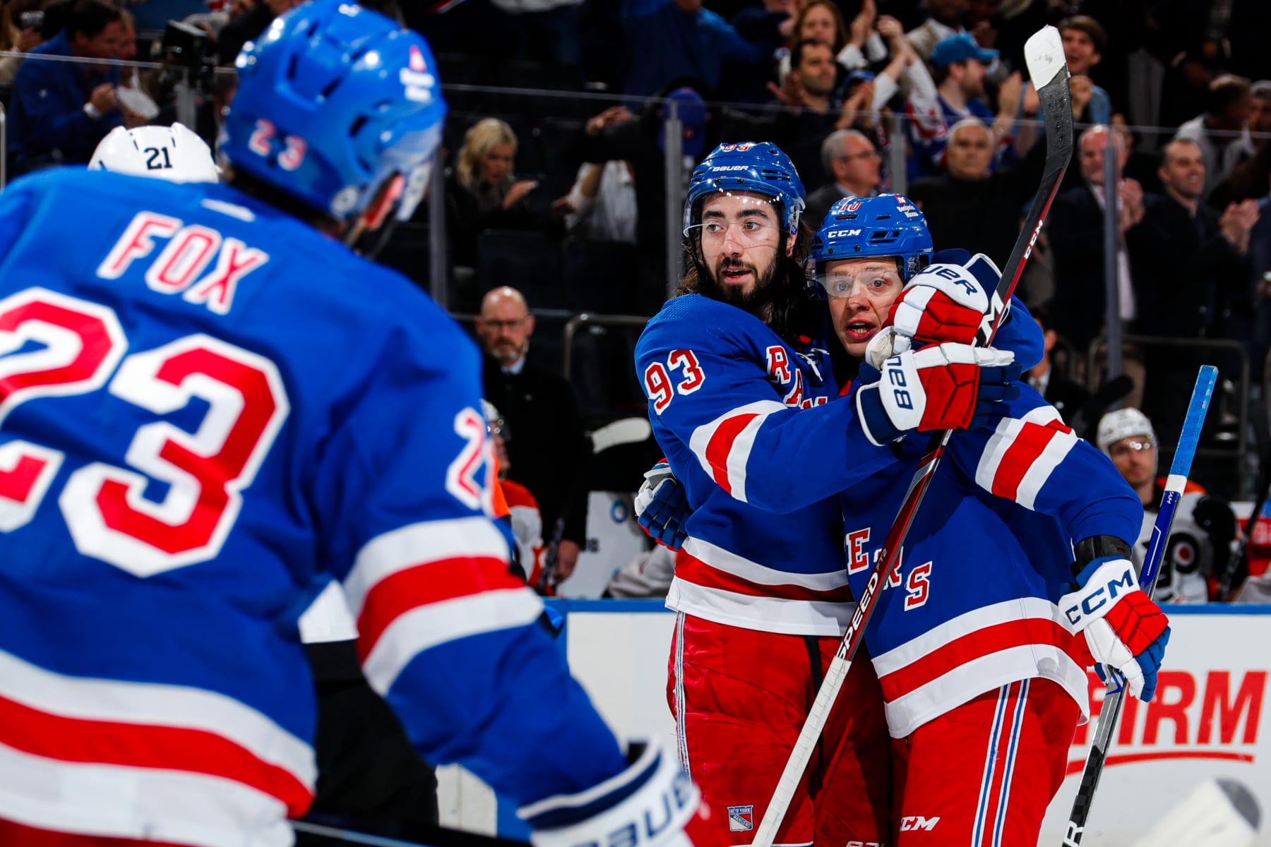 NEW YORK, NEW YORK - APRIL 11:  Artemi Panarin #10 of the New York Rangers celebrates with teammates after scoring a goal in the first period against the Philadelphia Flyers at Madison Square Garden on April 11, 2024 in New York City. (Photo by Jared Silber/NHLI via Getty Images)