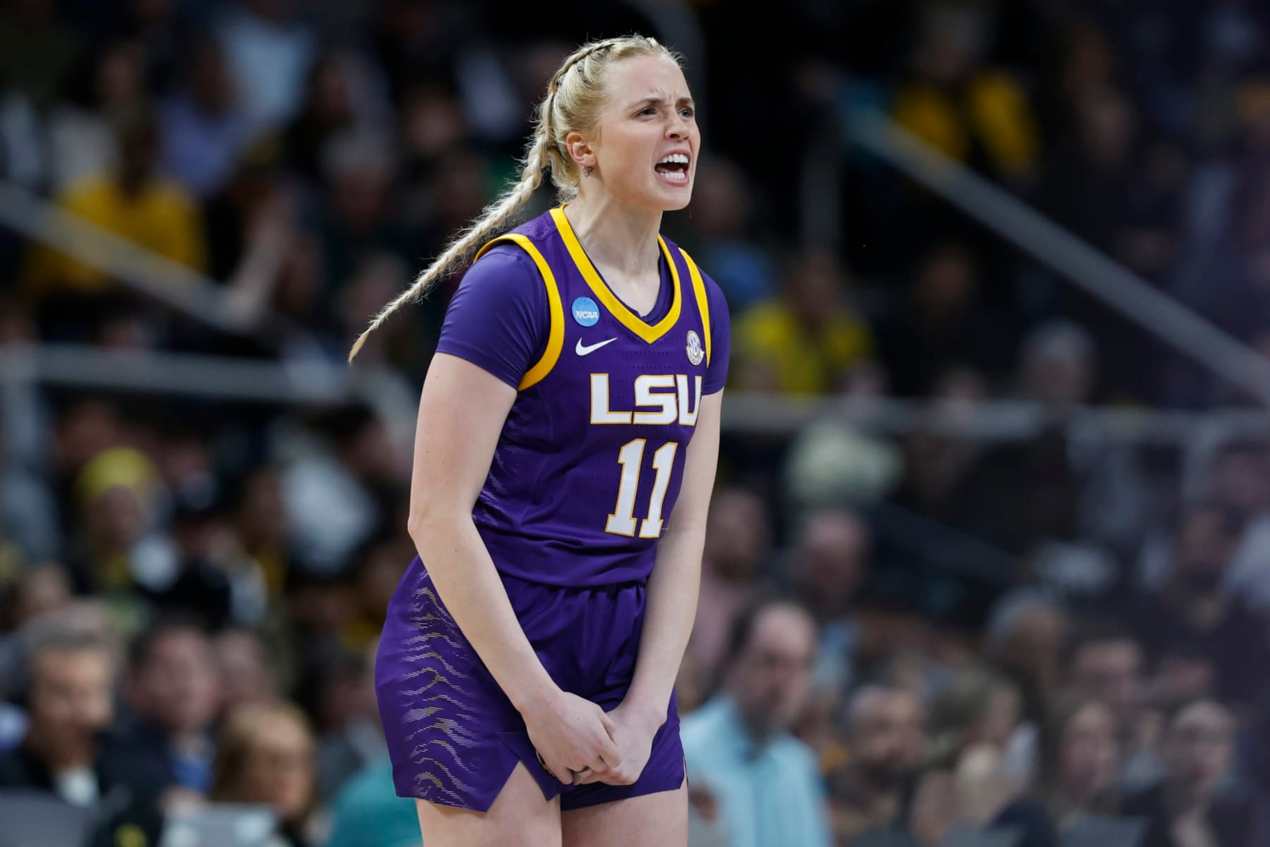 ALBANY, NEW YORK - APRIL 01: Hailey Van Lith #11 of the LSU Tigers reacts during the first half against the Iowa Hawkeyes in the Elite 8 round of the NCAA Women's Basketball Tournament at MVP Arena on April 01, 2024 in Albany, New York. (Photo by Sarah Stier/Getty Images) ALBANY, NEW YORK - APRIL 01: Hailey Van Lith #11 of the LSU Tigers reacts during the first half against the Iowa Hawkeyes in the Elite 8 round of the NCAA Women's Basketball Tournament at MVP Arena on April 01, 2024 in Albany, New York. (Photo by Sarah Stier/Getty Images)