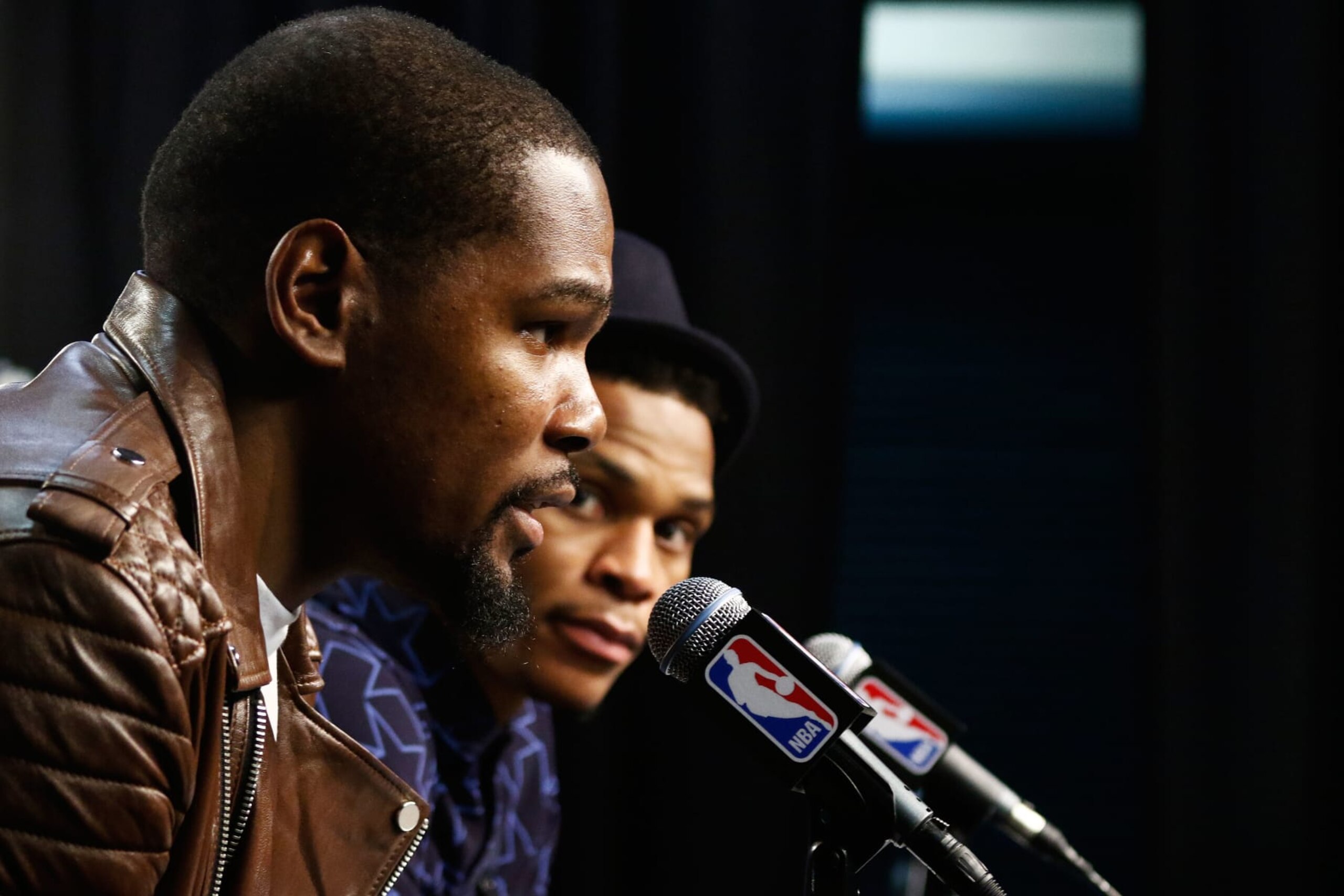 OKLAHOMA CITY, OK - MAY 24: Kevin Durant #35 and Russell Westbrook #0 of the Oklahoma City Thunder speak to the media after their 118 to 94 win over the Golden State Warriors in game four of the Western Conference Finals during the 2016 NBA Playoffs at Chesapeake Energy Arena on May 24, 2016 in Oklahoma City, Oklahoma. NOTE TO USER: User expressly acknowledges and agrees that, by downloading and or using this photograph, User is consenting to the terms and conditions of the Getty Images License Agreement. (Photo by J Pat Carter/Getty Images) OKLAHOMA CITY, OK - MAY 24: Kevin Durant #35 and Russell Westbrook #0 of the Oklahoma City Thunder speak to the media after their 118 to 94 win over the Golden State Warriors in game four of the Western Conference Finals during the 2016 NBA Playoffs at Chesapeake Energy Arena on May 24, 2016 in Oklahoma City, Oklahoma. NOTE TO USER: User expressly acknowledges and agrees that, by downloading and or using this photograph, User is consenting to the terms and conditions of the Getty Images License Agreement. (Photo by J Pat Carter/Getty Images)
