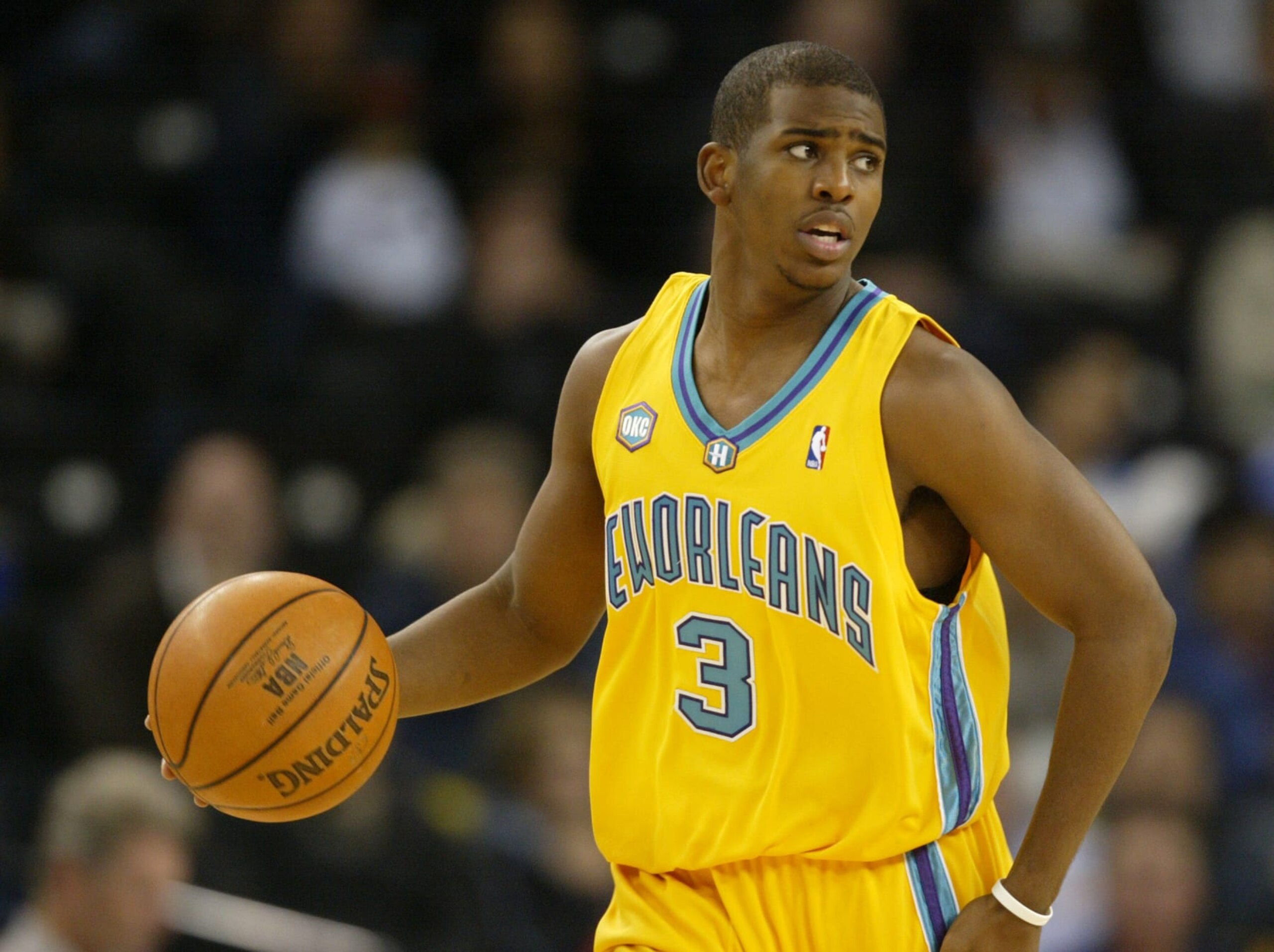 Chris Paul of the Hornets in NBA basketball action against the Warriors at Oakland Arena in Oakland, California. The Golden State Warriors defeated the New Orleans/Oklahoma City Hornets, 99-83. (Photo by Icon SMI/Icon Sport Media via Getty Images) Chris Paul of the Hornets in NBA basketball action against the Warriors at Oakland Arena in Oakland, California. The Golden State Warriors defeated the New Orleans/Oklahoma City Hornets, 99-83. (Photo by Icon SMI/Icon Sport Media via Getty Images)