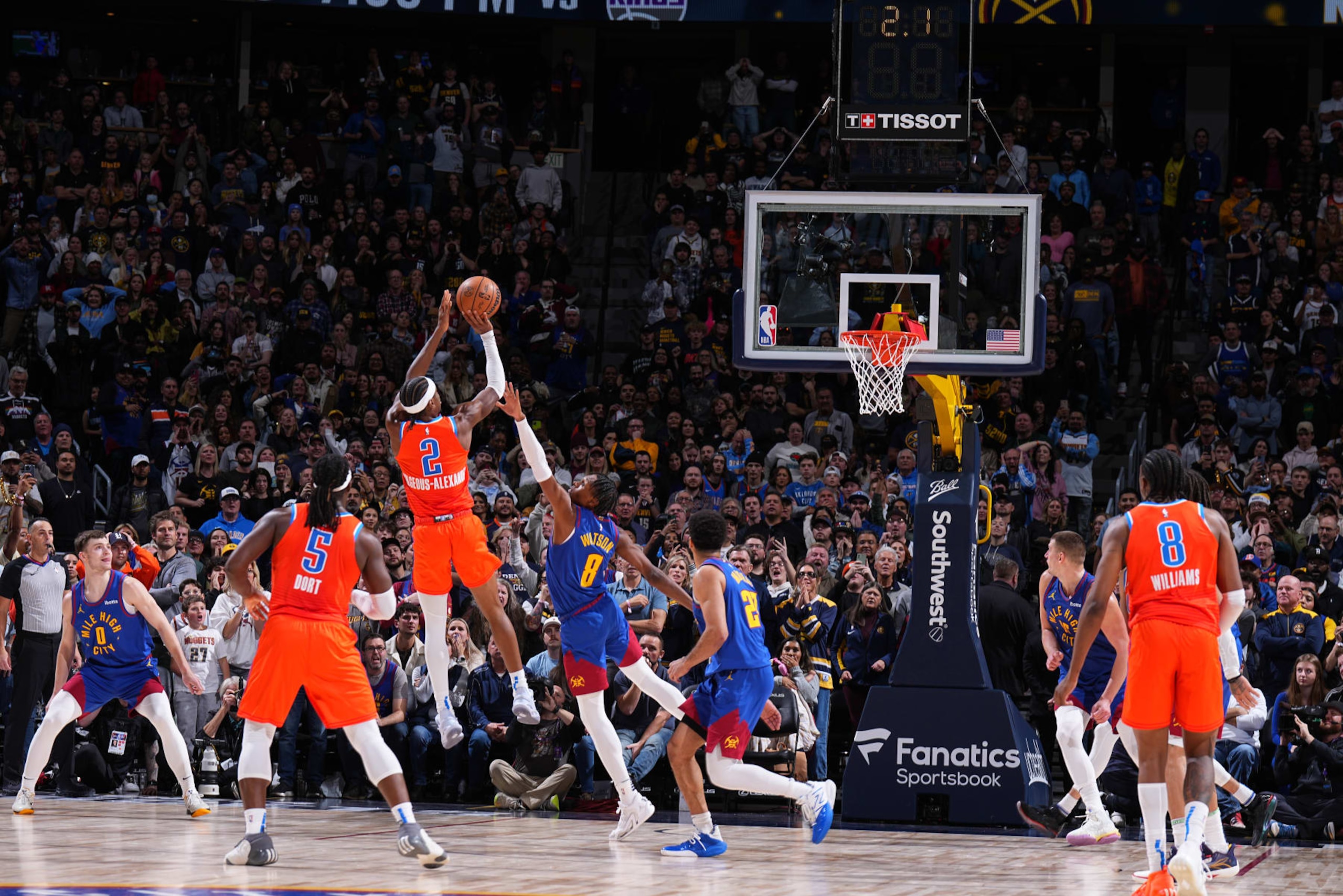 DENVER, CO - DECEMBER 16: Shai Gilgeous-Alexander #2 of the Oklahoma City Thunder scores the go ahead basket during the game against the Denver Nuggets on December 16, 2023 at the Ball Arena in Denver, Colorado. NOTE TO USER: User expressly acknowledges and agrees that, by downloading and/or using this Photograph, user is consenting to the terms and conditions of the Getty Images License Agreement. Mandatory Copyright Notice: Copyright 2023 NBAE (Photo by Garrett Ellwood/NBAE via Getty Images) DENVER, CO - DECEMBER 16: Shai Gilgeous-Alexander #2 of the Oklahoma City Thunder scores the go ahead basket during the game against the Denver Nuggets on December 16, 2023 at the Ball Arena in Denver, Colorado. NOTE TO USER: User expressly acknowledges and agrees that, by downloading and/or using this Photograph, user is consenting to the terms and conditions of the Getty Images License Agreement. Mandatory Copyright Notice: Copyright 2023 NBAE (Photo by Garrett Ellwood/NBAE via Getty Images)
