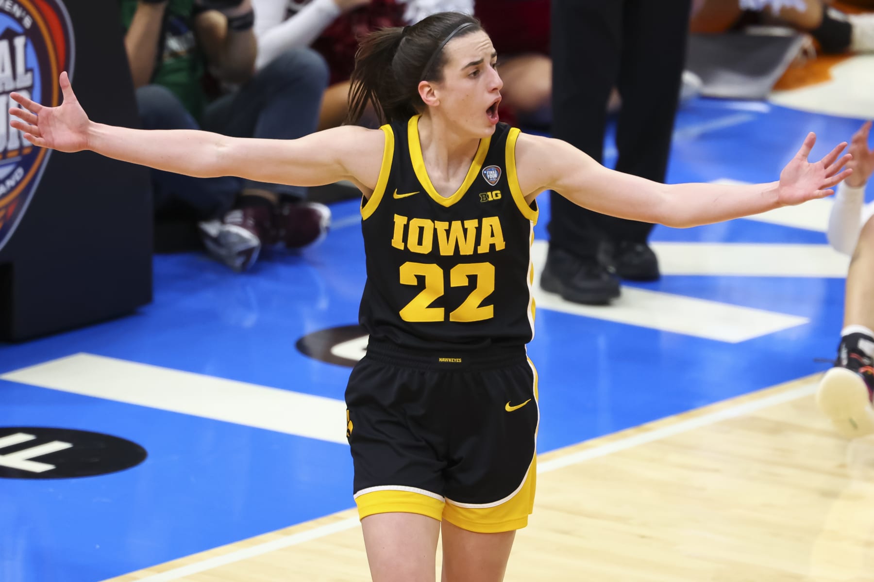 CLEVELAND, OHIO - APRIL 07: Caitlin Clark #22 of the Iowa Hawkeyes reacts to a call against the South Carolina Gamecocks during the NCAA Women's Basketball Tournament National Championship at Rocket Mortgage Fieldhouse on April 7, 2024 in Cleveland, Ohio. (Photo by C. Morgan Engel/NCAA Photos via Getty Images)