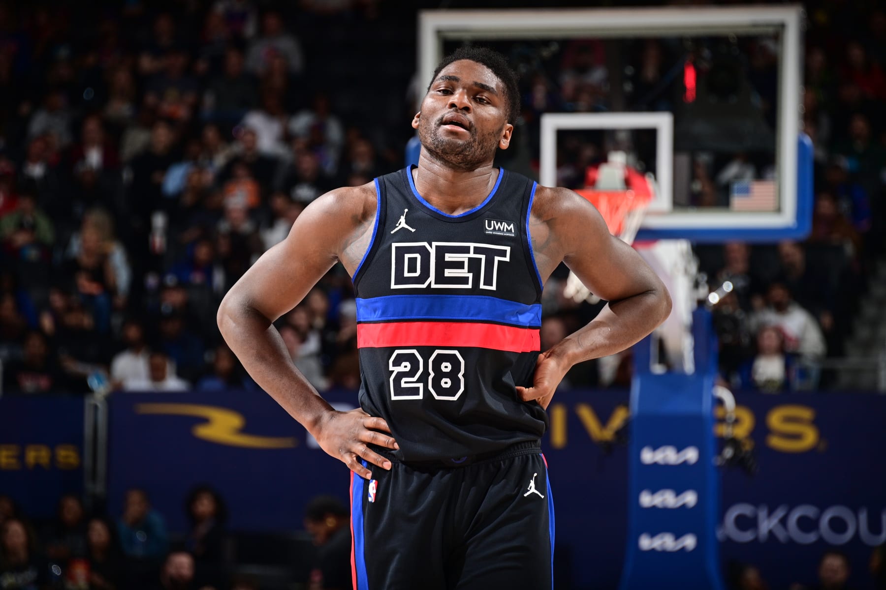DETROIT, MI - MARCH 13: Isaiah Stewart #28 of the Detroit Pistons looks on during the game against the Toronto Raptors on March 13, 2024 at Little Caesars Arena in Detroit, Michigan. NOTE TO USER: User expressly acknowledges and agrees that, by downloading and/or using this photograph, User is consenting to the terms and conditions of the Getty Images License Agreement. Mandatory Copyright Notice: Copyright 2024 NBAE (Photo by Chris Schwegler/NBAE via Getty Images)