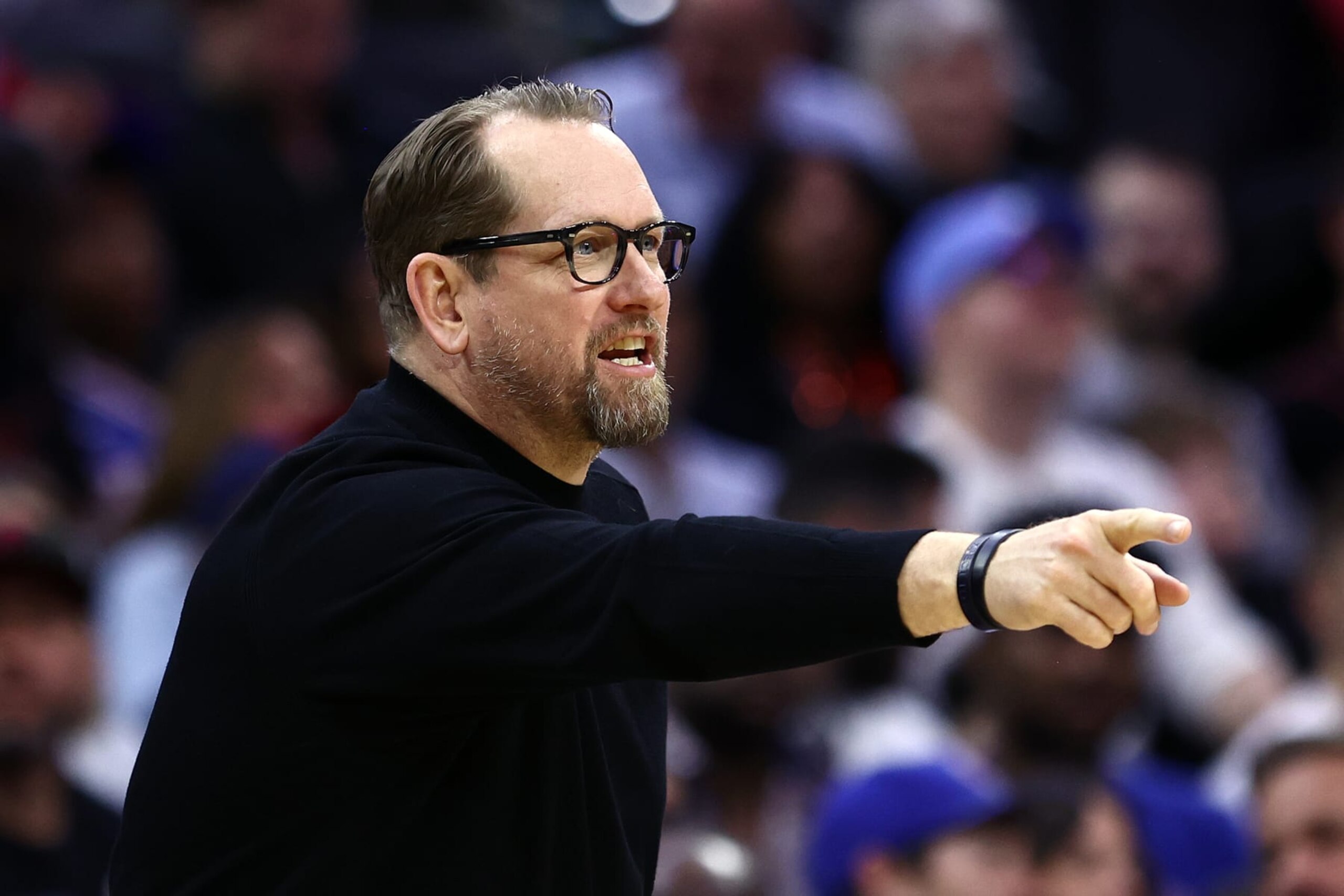 PHILADELPHIA, PENNSYLVANIA - APRIL 09: Head coach Nick Nurse of the Philadelphia 76ers reacts during the fourth quarter against the Detroit Pistons at the Wells Fargo Center on April 09, 2024 in Philadelphia, Pennsylvania. (Photo by Tim Nwachukwu/Getty Images) PHILADELPHIA, PENNSYLVANIA - APRIL 09: Head coach Nick Nurse of the Philadelphia 76ers reacts during the fourth quarter against the Detroit Pistons at the Wells Fargo Center on April 09, 2024 in Philadelphia, Pennsylvania. (Photo by Tim Nwachukwu/Getty Images)