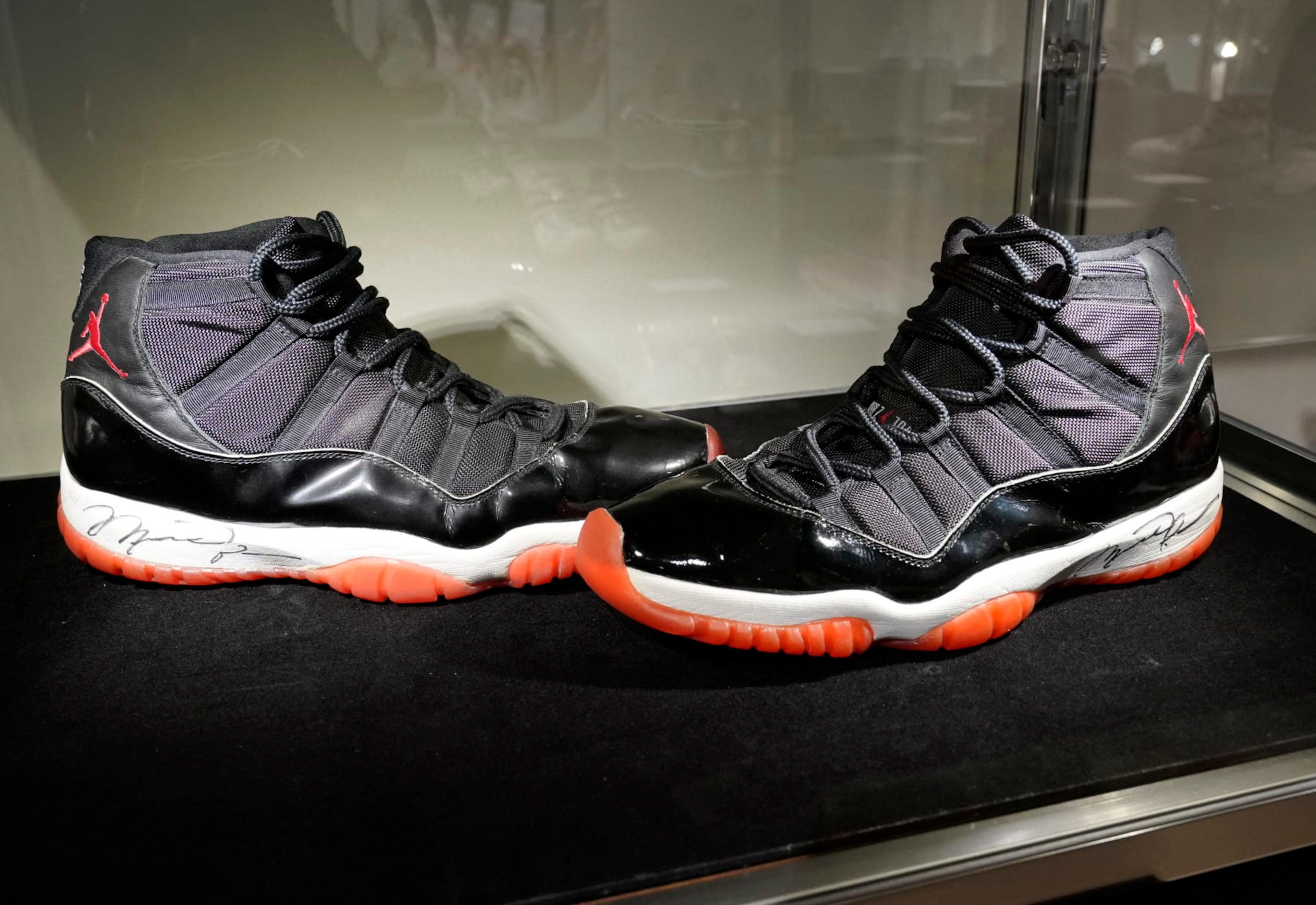 Michael Jordan's signed Air Jordan 11 shoes worn during Game 5 of the 1996 NBA Finals are on display during 'Sports Week' auctions at Sotheby's in New York City on April 4, 2024. (Photo by TIMOTHY A. CLARY / AFP) (Photo by TIMOTHY A. CLARY/AFP via Getty Images)