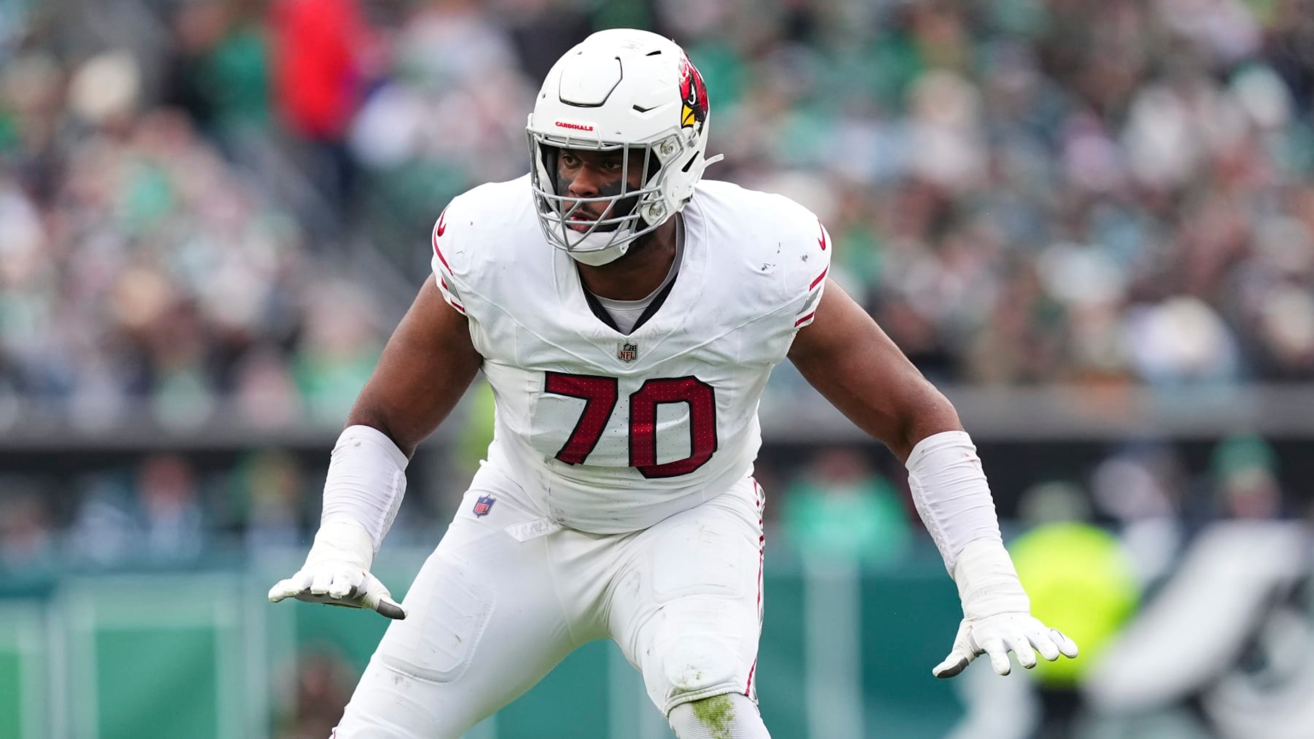 PHILADELPHIA, PENNSYLVANIA - DECEMBER 31: Paris Johnson Jr. #70 of the Arizona Cardinals in action against the Philadelphia Eagles at Lincoln Financial Field on December 31, 2023 in Philadelphia, Pennsylvania. (Photo by Mitchell Leff/Getty Images)