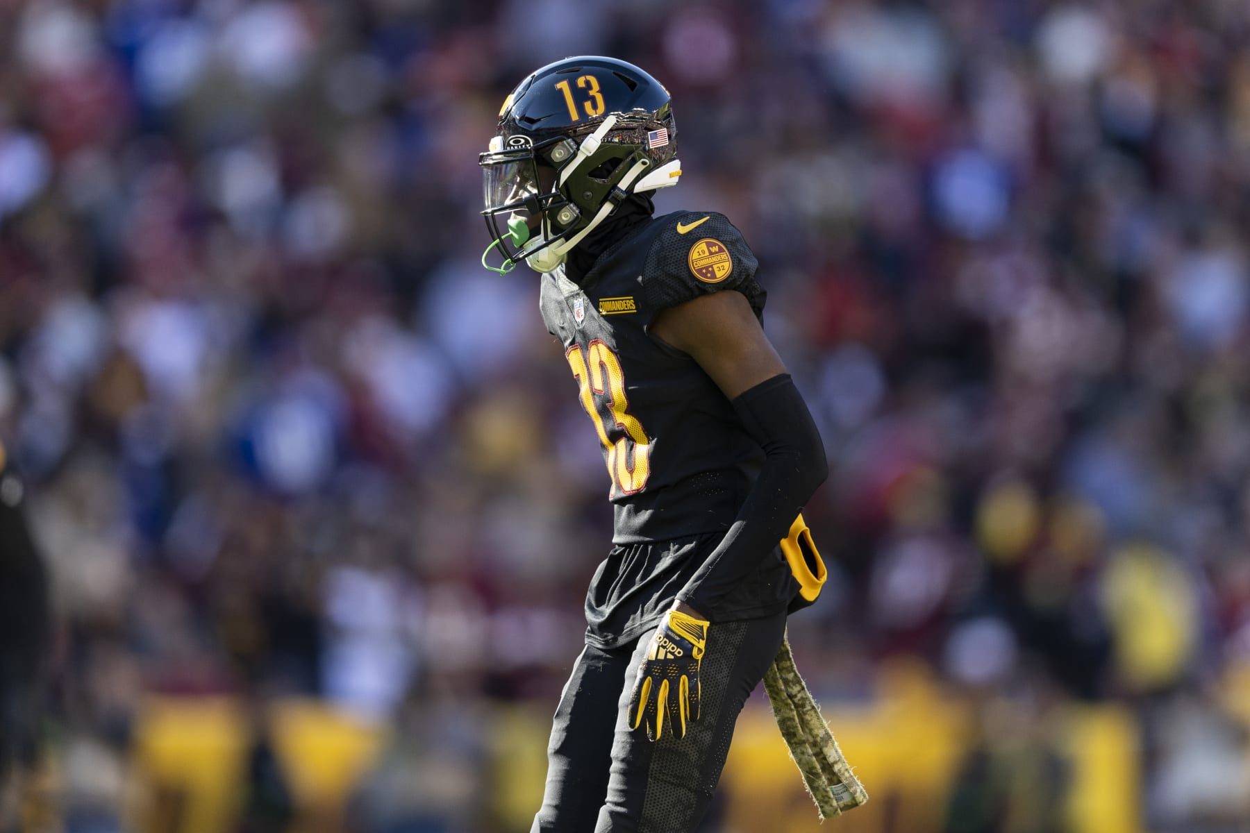 LANDOVER, MARYLAND - NOVEMBER 19: Emmanuel Forbes #13 of the Washington Commanders lines up during an NFL football game between the Washington Commanders and the New York Giants at FedExField on November 19, 2023 in Landover, Maryland. (Photo by Michael Owens/Getty Images)