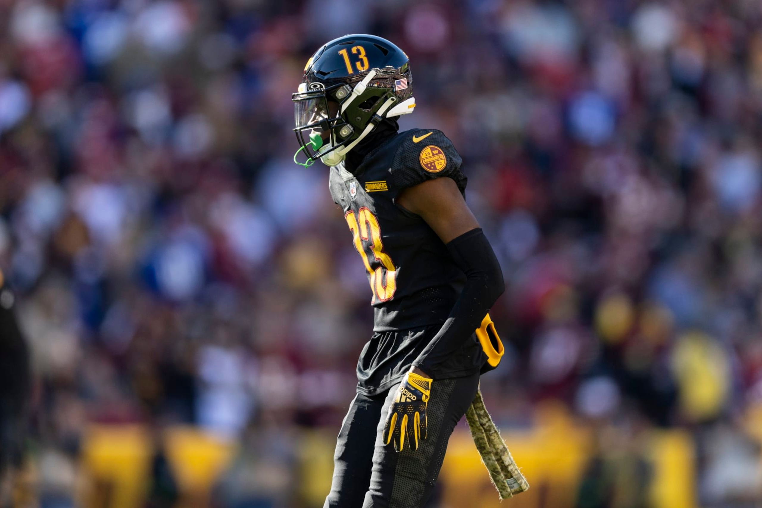 LANDOVER, MARYLAND - NOVEMBER 19: Emmanuel Forbes #13 of the Washington Commanders lines up during an NFL football game between the Washington Commanders and the New York Giants at FedExField on November 19, 2023 in Landover, Maryland. (Photo by Michael Owens/Getty Images)