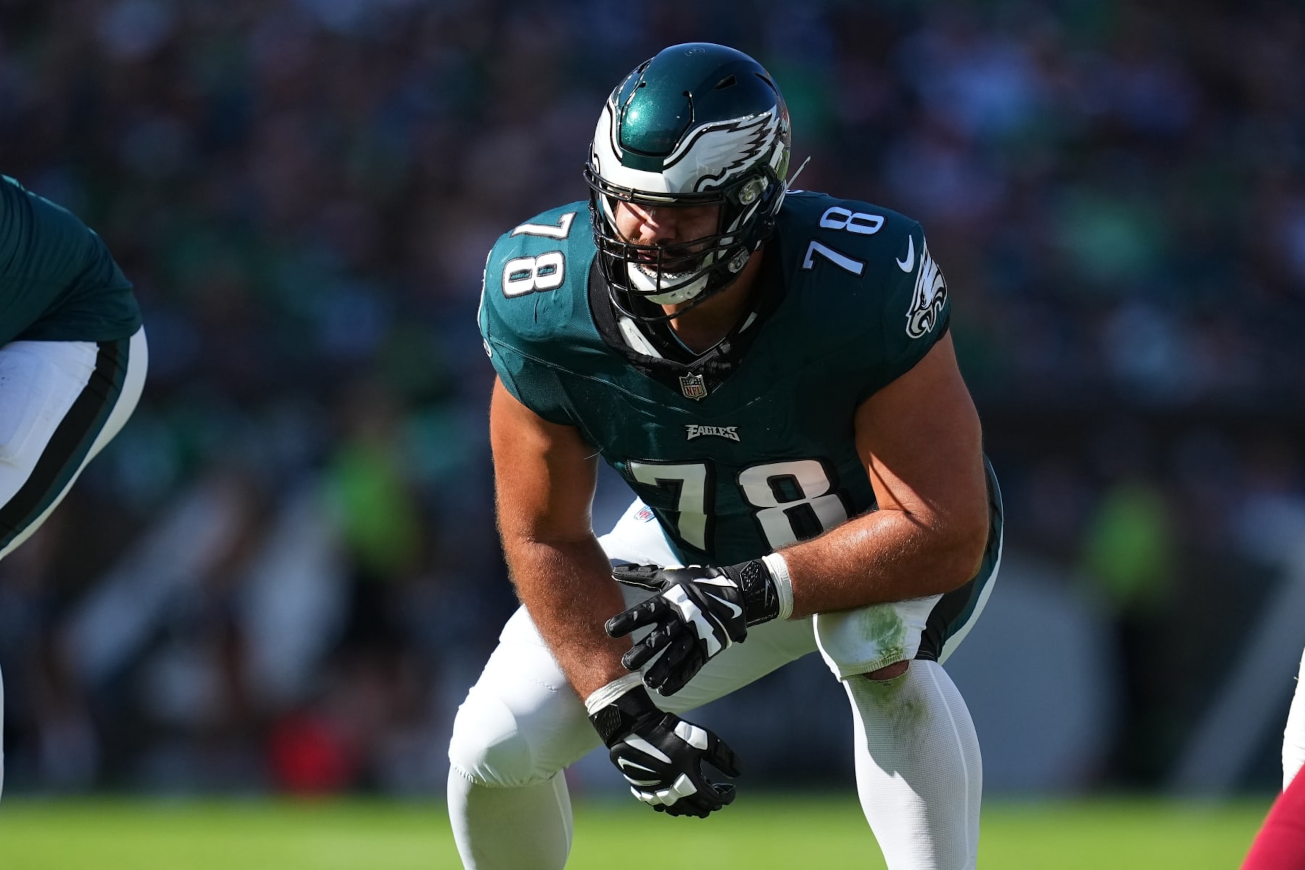 PHILADELPHIA, PENNSYLVANIA - OCTOBER 1: Sua Opeta #78 of the Philadelphia Eagles in action against the Washington Commanders at Lincoln Financial Field on October 1, 2023 in Philadelphia, Pennsylvania. (Photo by Mitchell Leff/Getty Images)